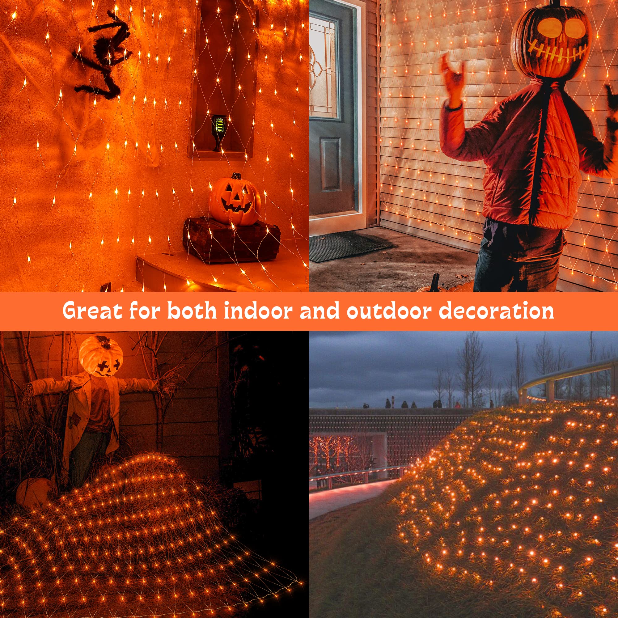 woohaha Outdoor Halloween Net Lights, 192 LED, 8 Lighting Modes, 9.8FTx6.6FT, Connectable, Orange