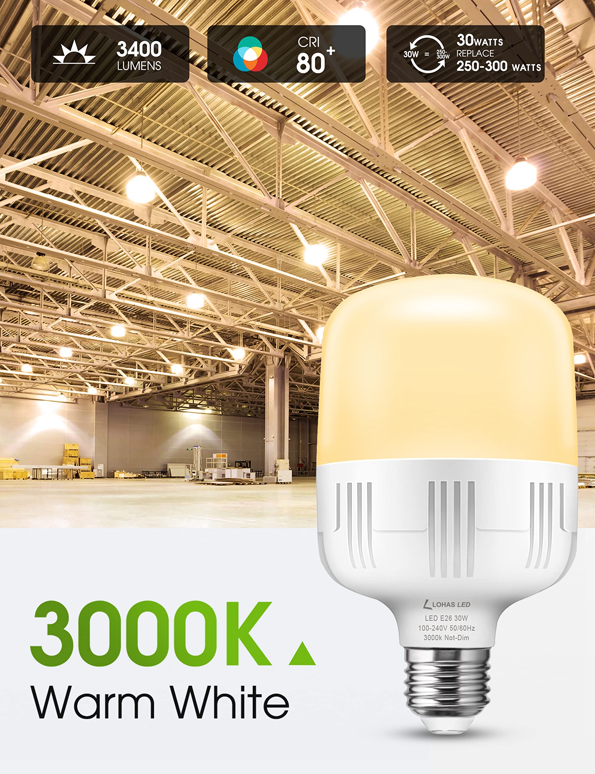 L LOHAS LED 30W Garage LED Bulbs, 250-300W Equivalent, 3400LM, Soft White, 2 Pack with E39 Adapter