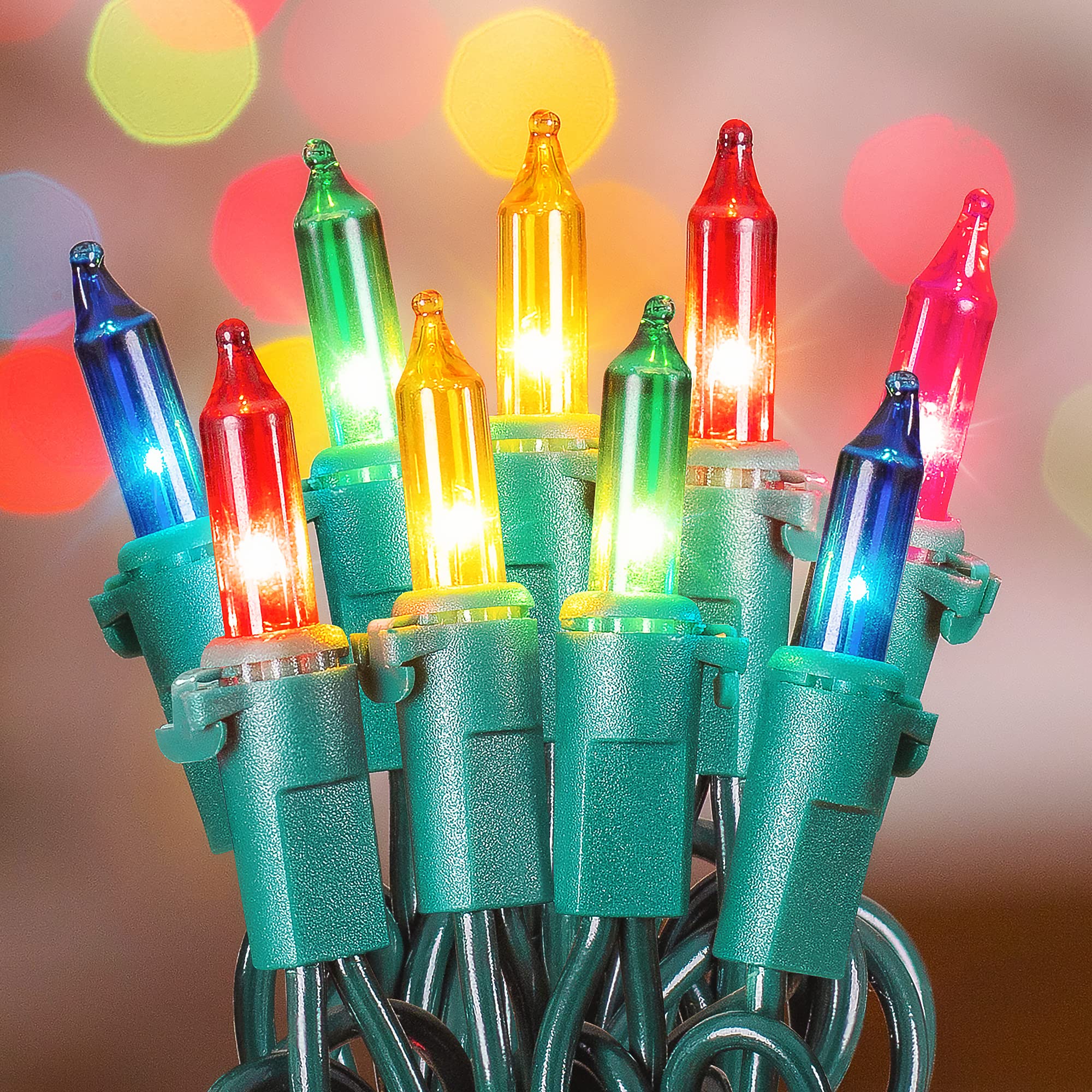 Oopswow Mini String Lights, 100 Count 23Ft, Multicolor Incandescent Bulbs On Green Wire For Indoor Christmas Tree & Holiday Decor