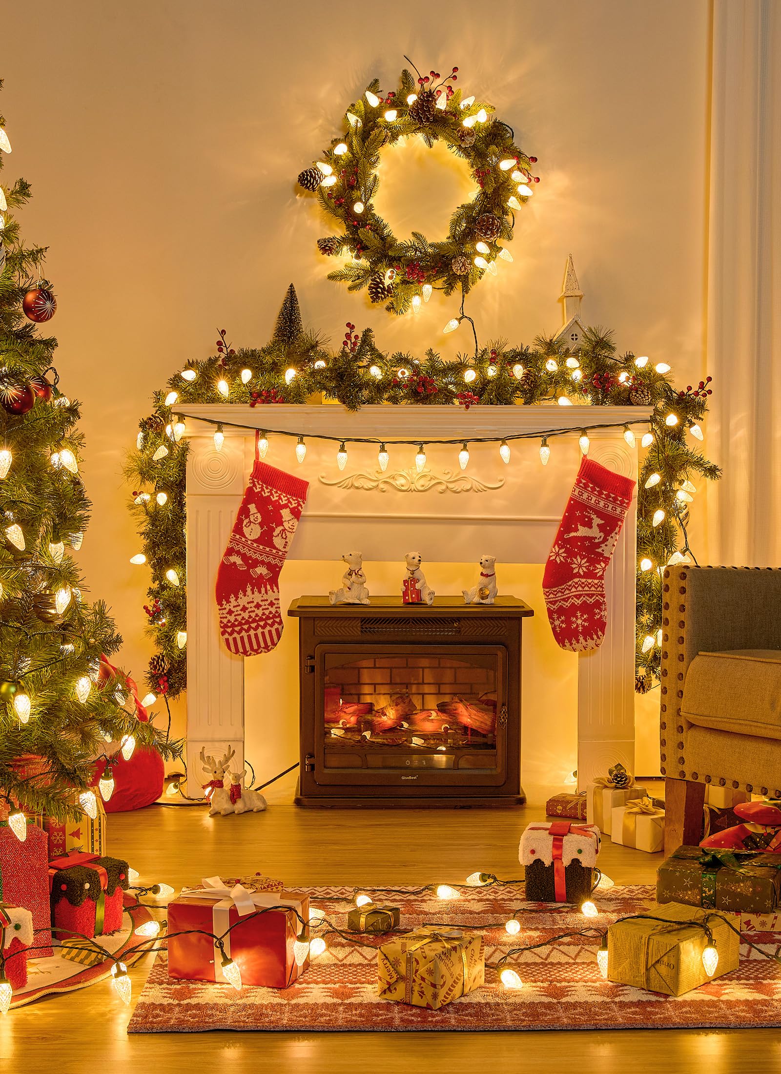 Brightown C9 Christmas Lights - 114FT 150 LED Warm White String Lights, Waterproof, Timer, 8 Modes, Model GY-C9-X-33-3B