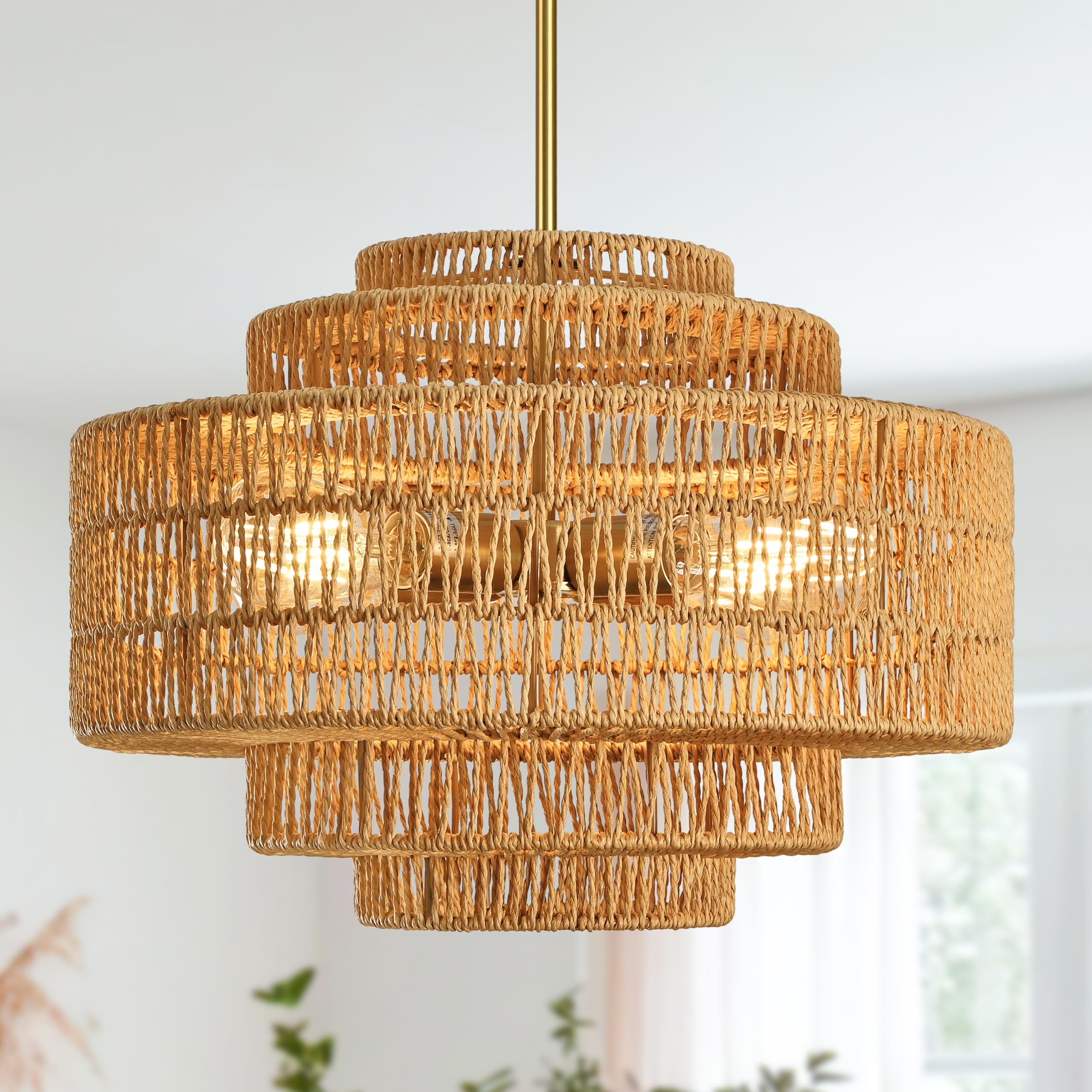 AyshwillDec 18 4-Light Natural Rattan Chandelier Woven Rattan Pendant Light Boho Wicker Pendant Lighting Fixture Farmhouse Chand