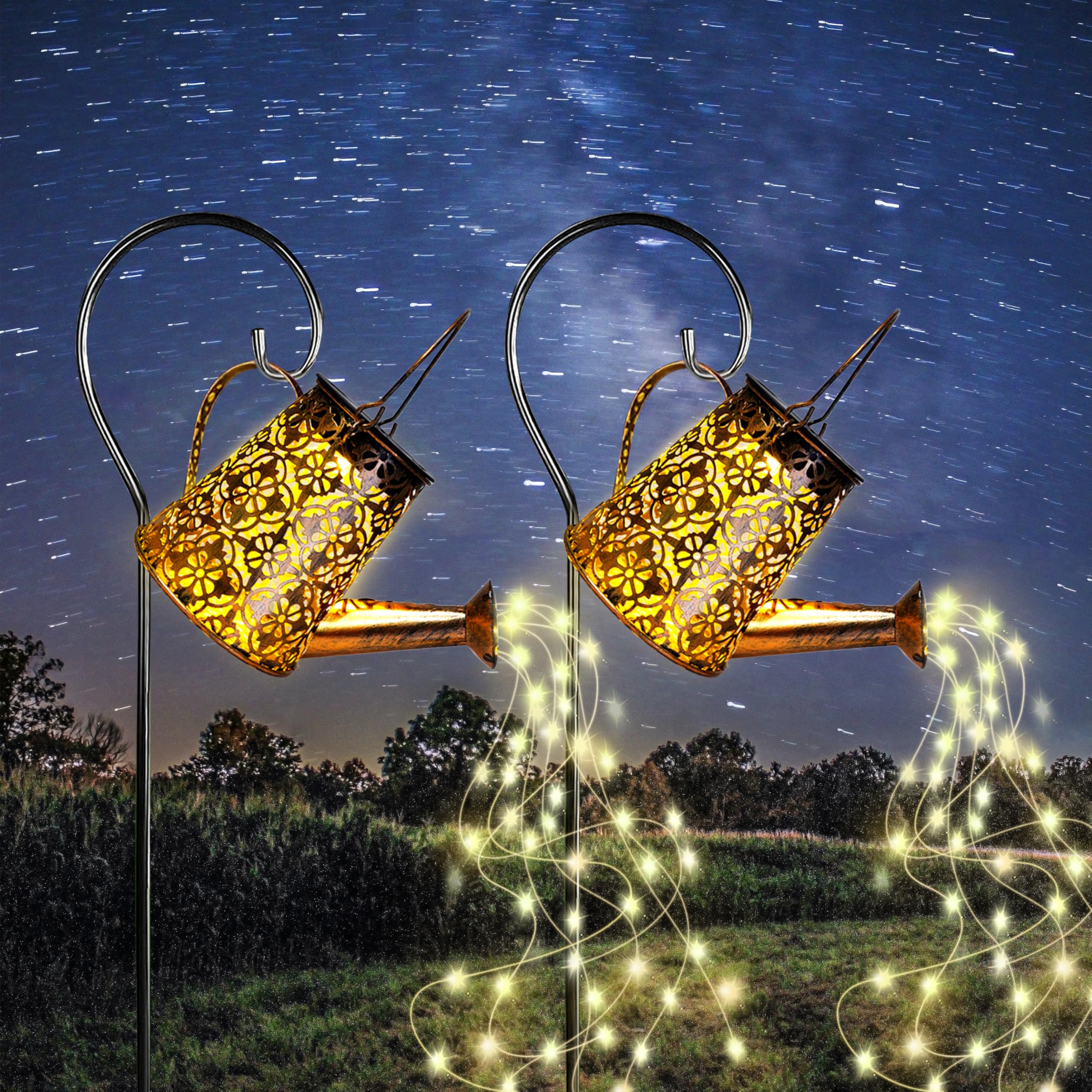 AWENDIETOU Solar Garden Watering Can Lights, Warm White, 2 Pack, Copper, Outdoor Hanging Lantern Decor
