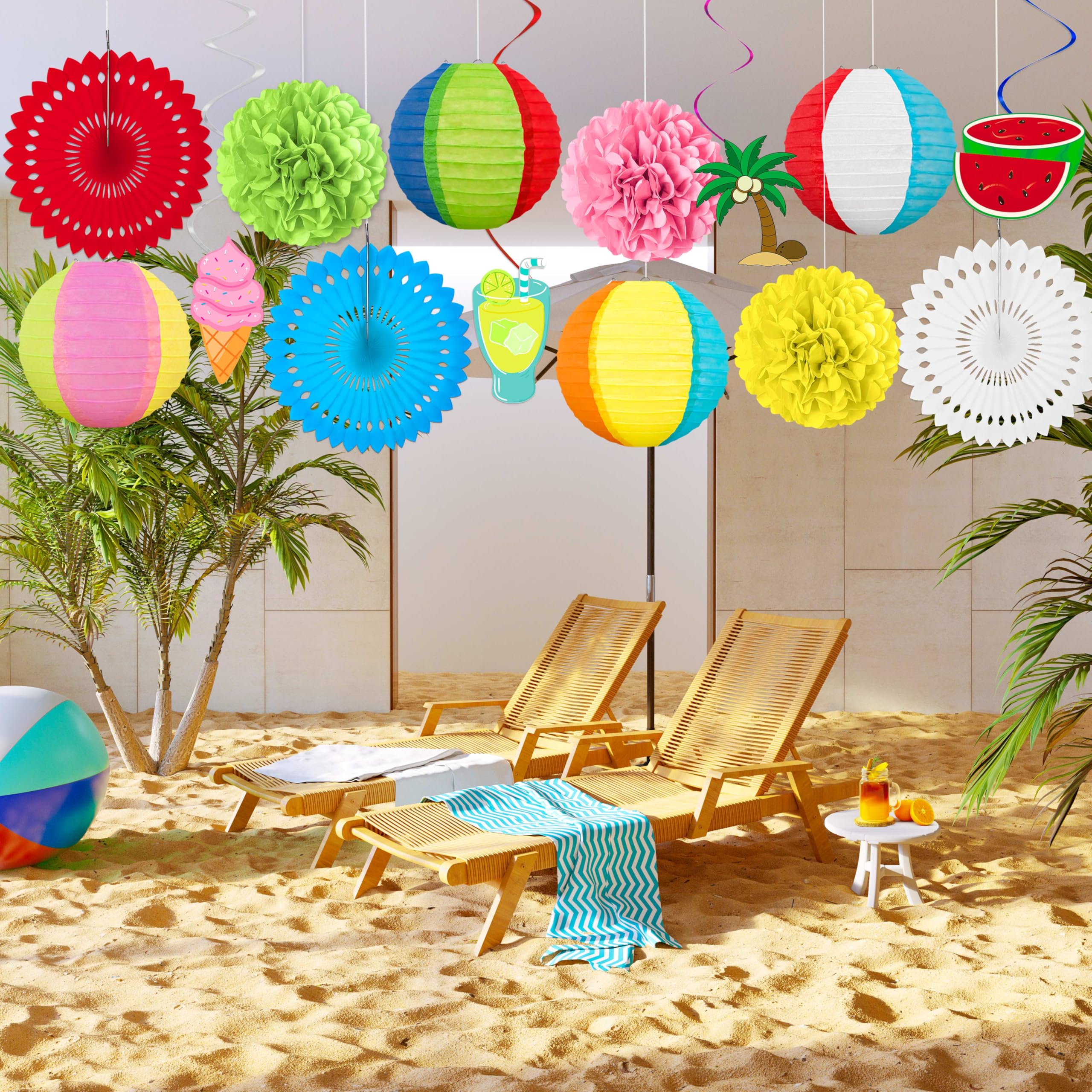 14Pcs Beach Party Decorations Paper Lanterns Fans Pom Poms Hanging Swirls - Luau Pool Summer Hawaiian Tropical Themed Decor For