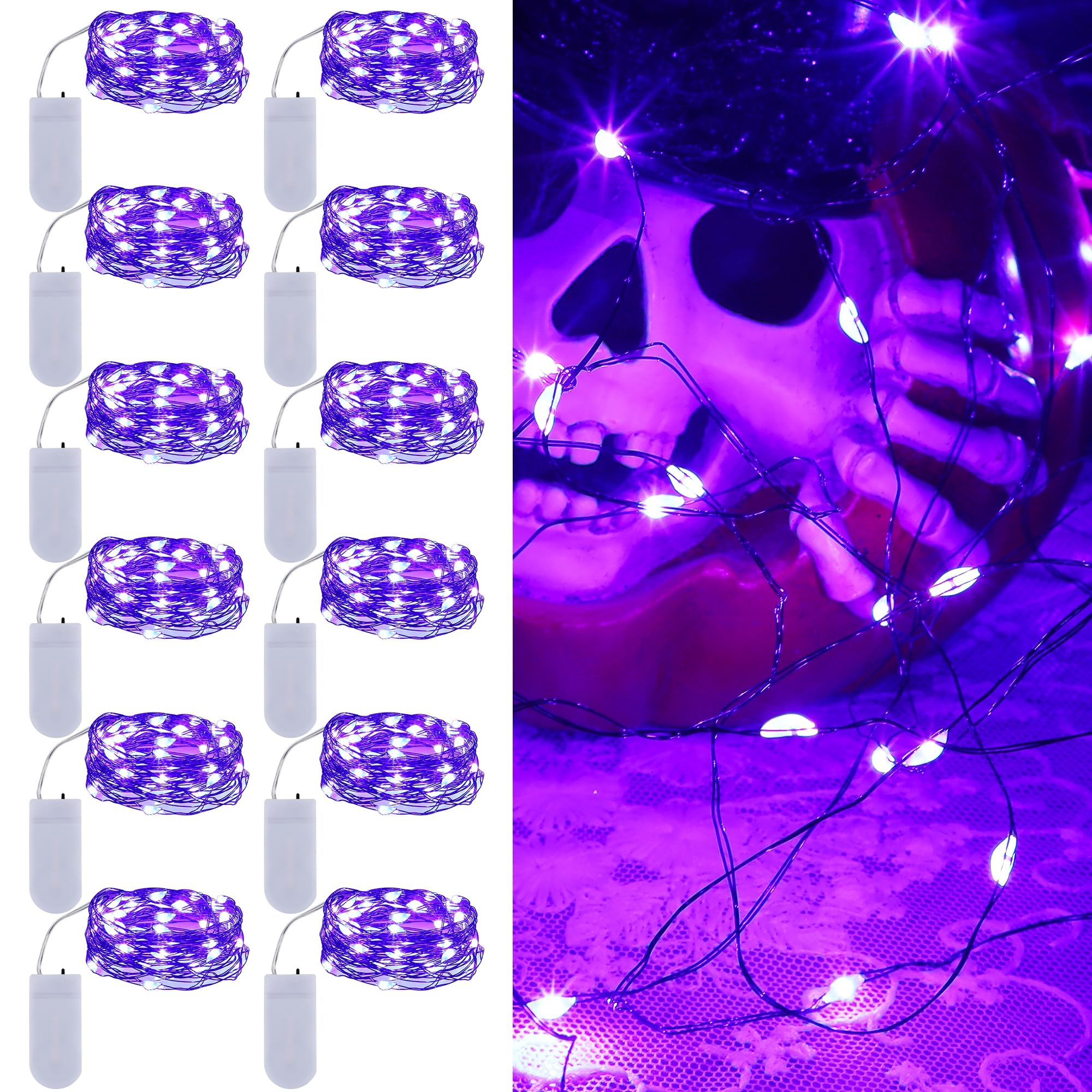 WATERGLIDE 12 Pack Halloween Fairy Lights Battery Operated (Included), 7 ft 20 LED Mini Firefly Starry String Lights, Waterproof