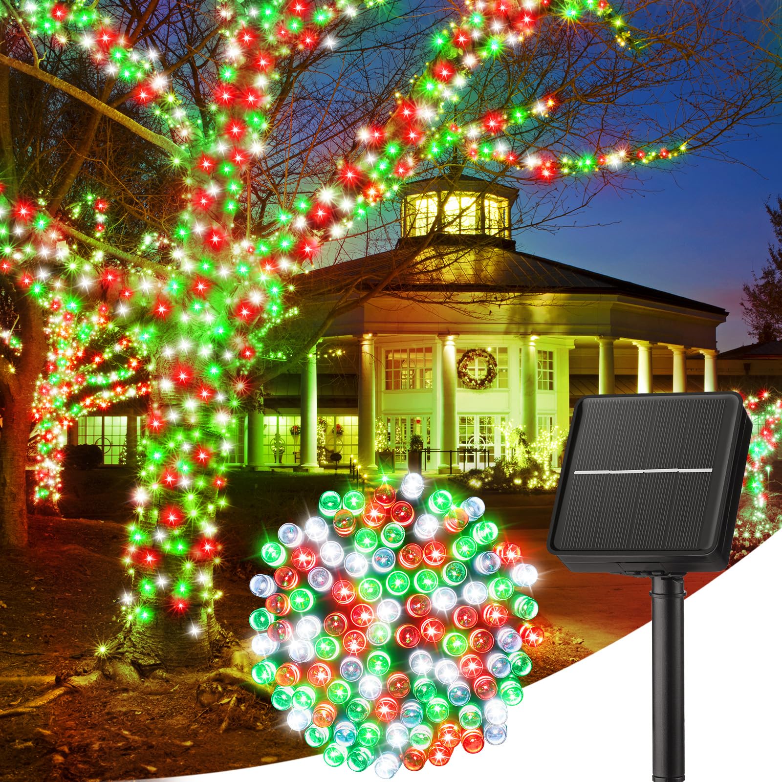 Minetom Solar Christmas Lights Outdoor Waterproof, 40FT 100 LED Solar Lights with 8 Modes, Solar Christmas Outdoor Decoration, Solar String Lights for Outside House Tree Party Yard, Red Green & White