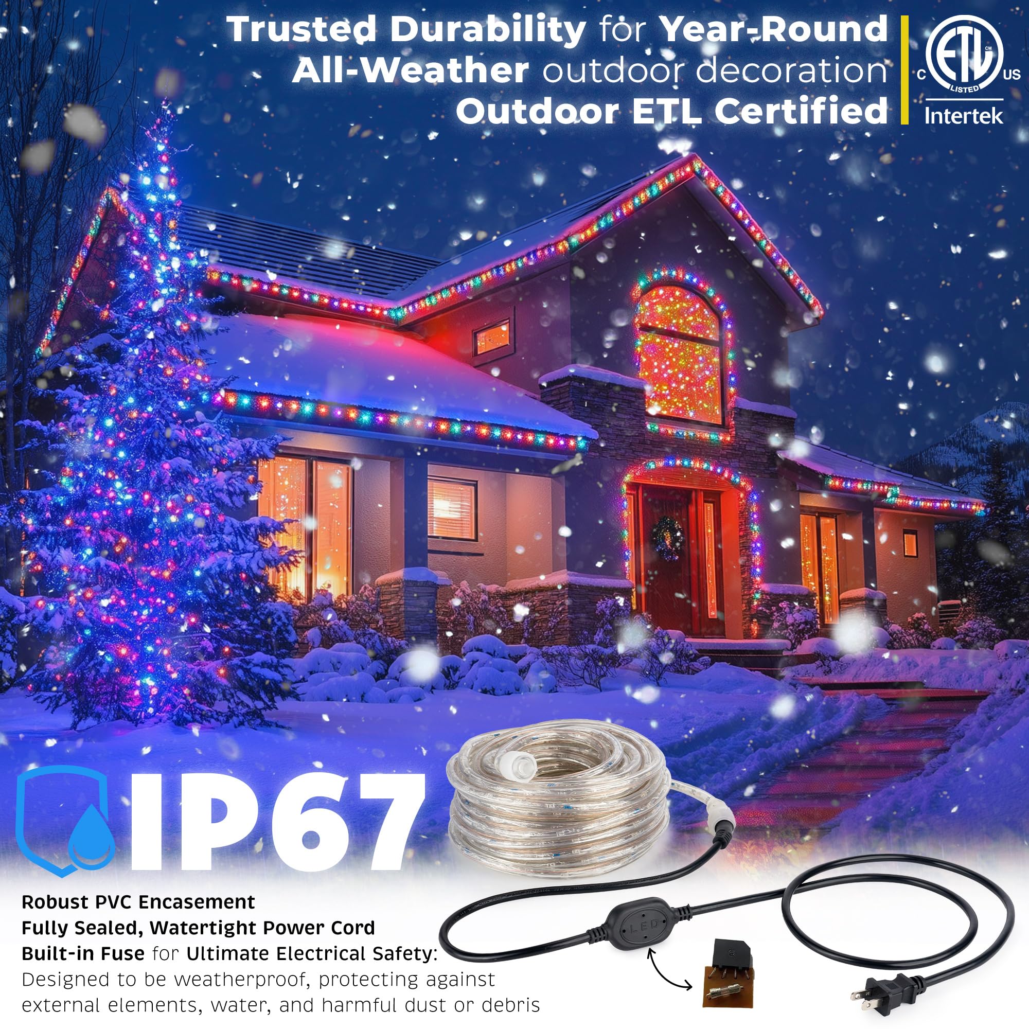 Wyzworks 1116Leds 100Ft Led Outside Rope Lights, Outdoor Etl Certified Waterproof Permanent 360 Degree Light Emitting, Flexible Tube, Connectable, Christmas Palm Tree Exterior Landscape, Colorful