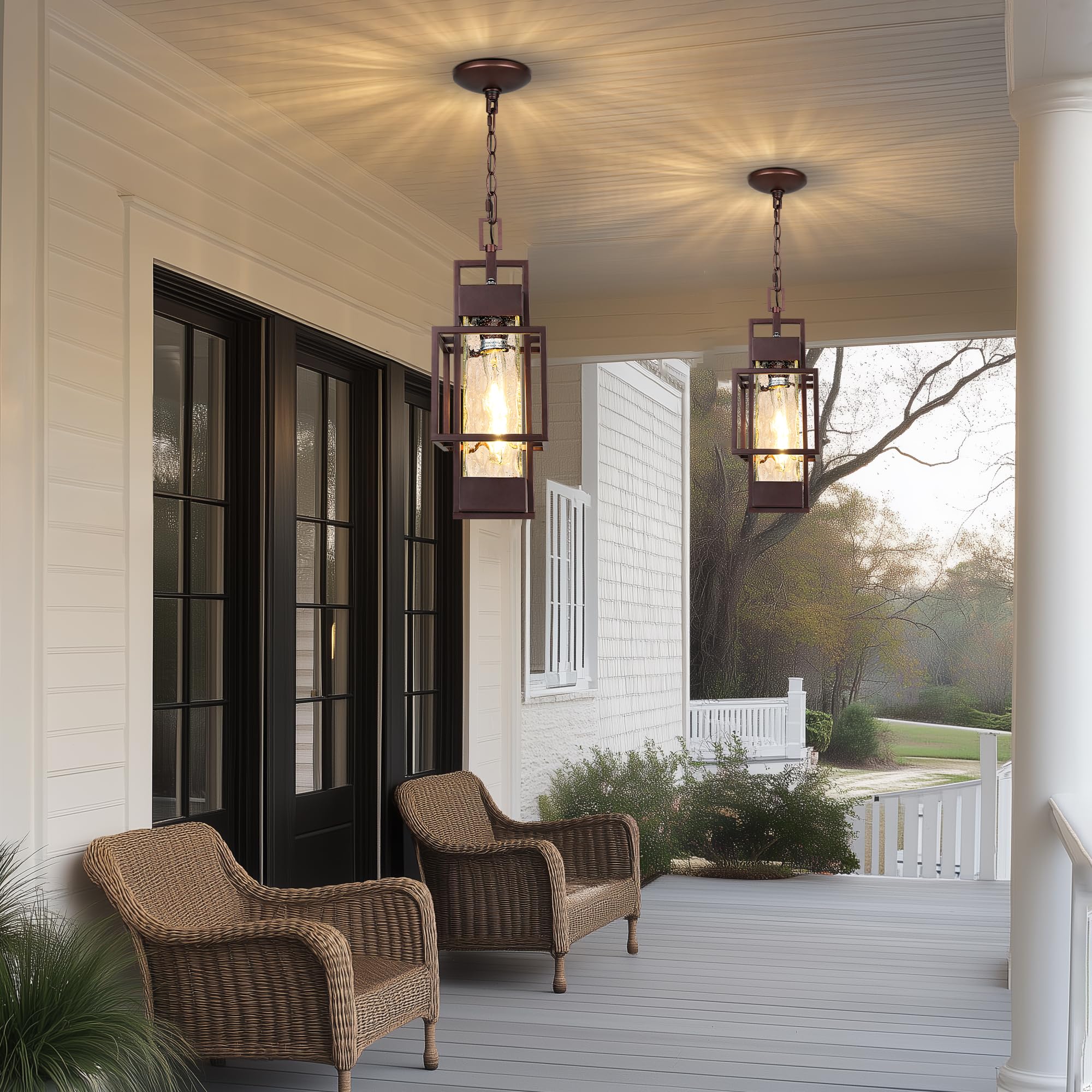 PARTPHONER 15" Outdoor Pendant Light, Modern Metal Chandelier, Water Glass, Bronze, Model PACL084BZ1