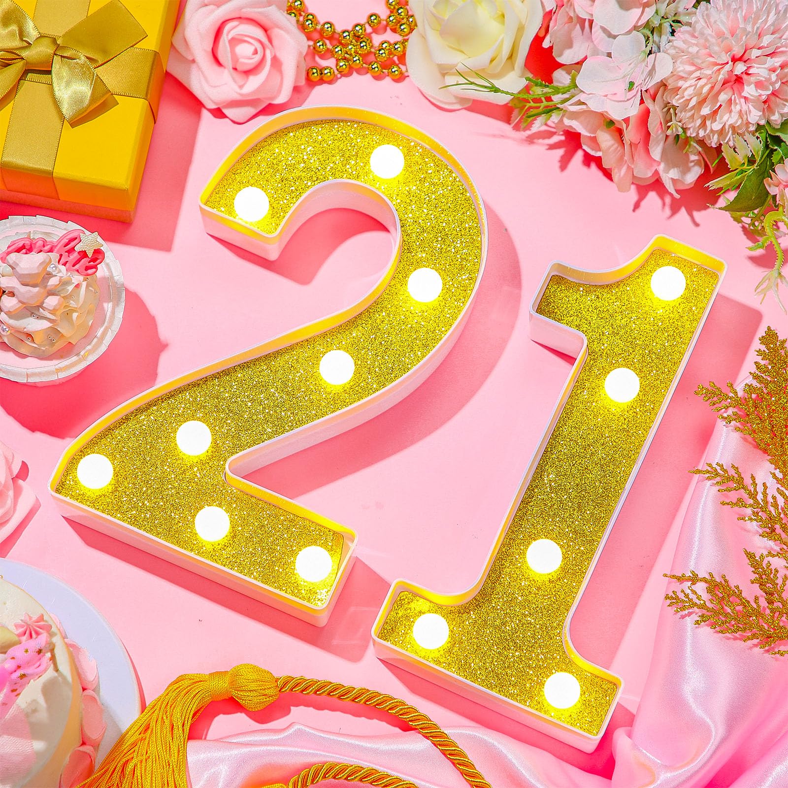 Treela LED Number Sign, 8.7in  Glitter Marquee for Birthday Party Decorations, 21st Size, Gold, PP Material