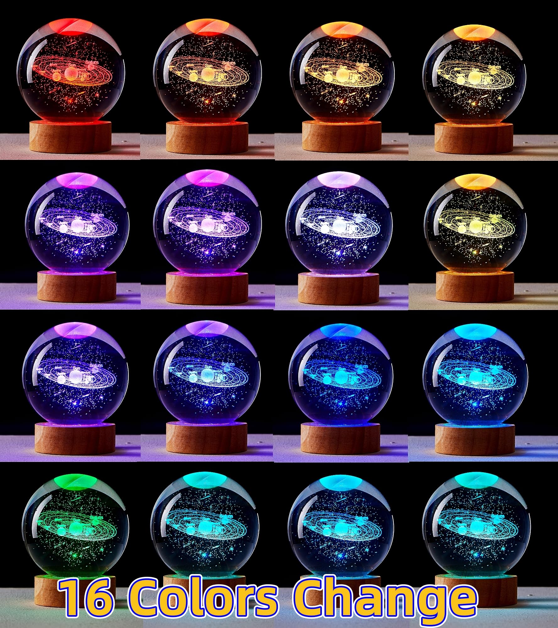 DIGFPWT Solar Crystal Ball Night Light, 3D Galaxy Lamp, 16 Color Change, 3.15 Inch, LED Wooden Base, Gift Box Packing, Solar System Model