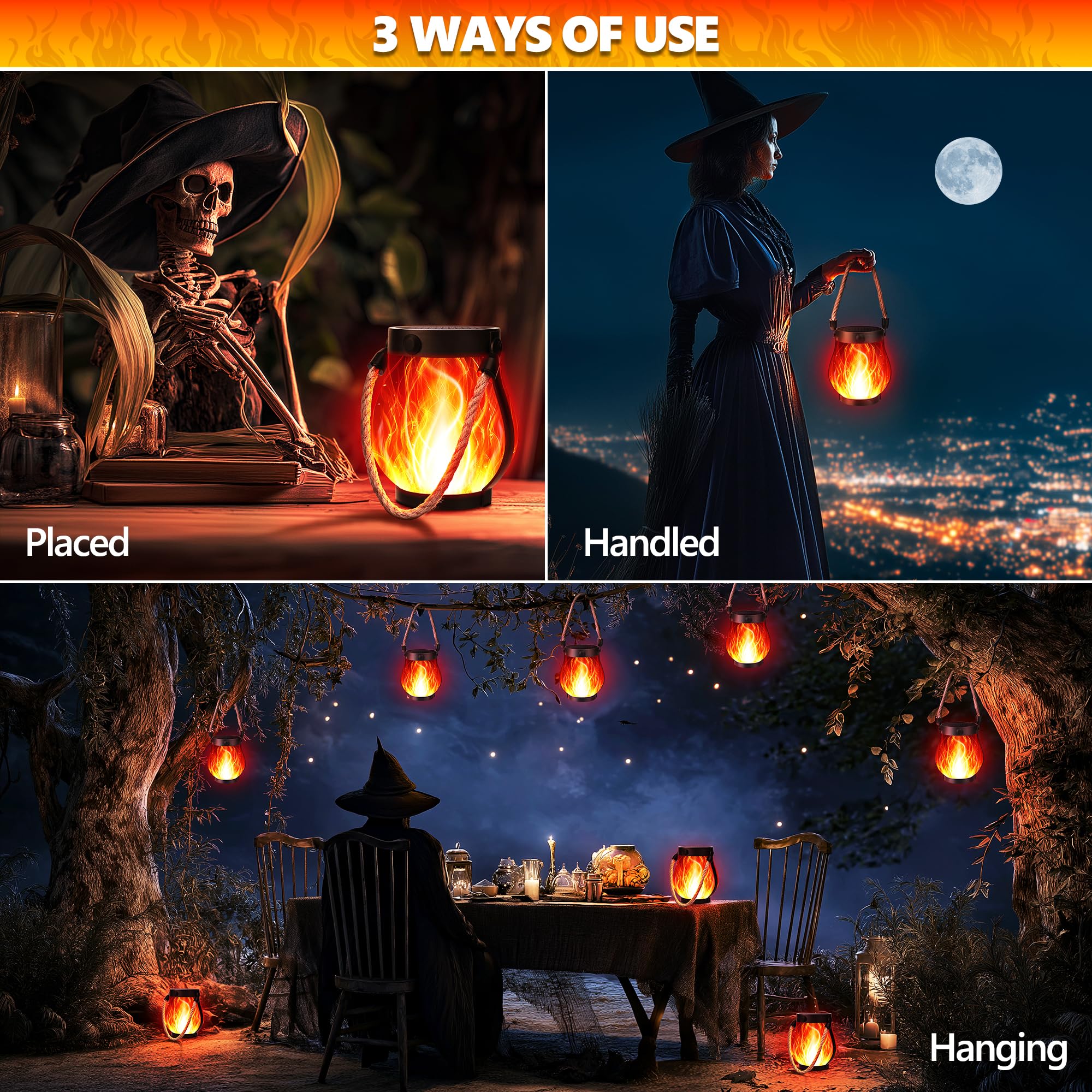 Ibaycon 2 Pack Solar Lanterns Lights  Halloween Flickering Flame Garden Lights With 2 Modes Dual Charging Usb & Solar  Outdoor Waterproof Hanging Lantern For Party Holiday Halloween Decor (Red)