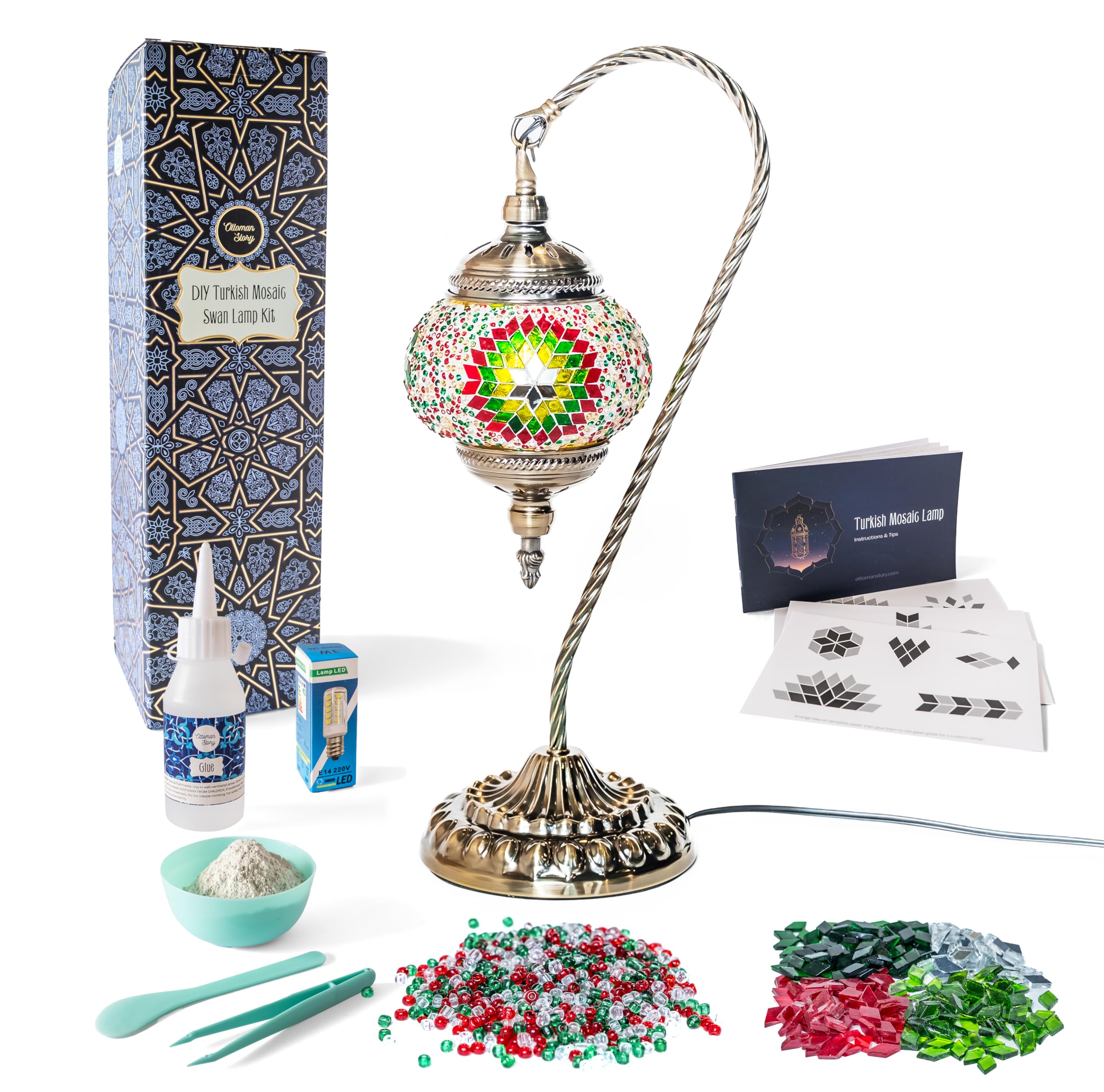KRAFTSTORIES DIY Turkish Mosaic Lamp Craft Kit| Large Swan Neck Making Kit for For Mature Userss| Family Couple Relaxing Creative Activity Gift| Moroccan Table Lamp| Make Your Own Lamp (Christmas)