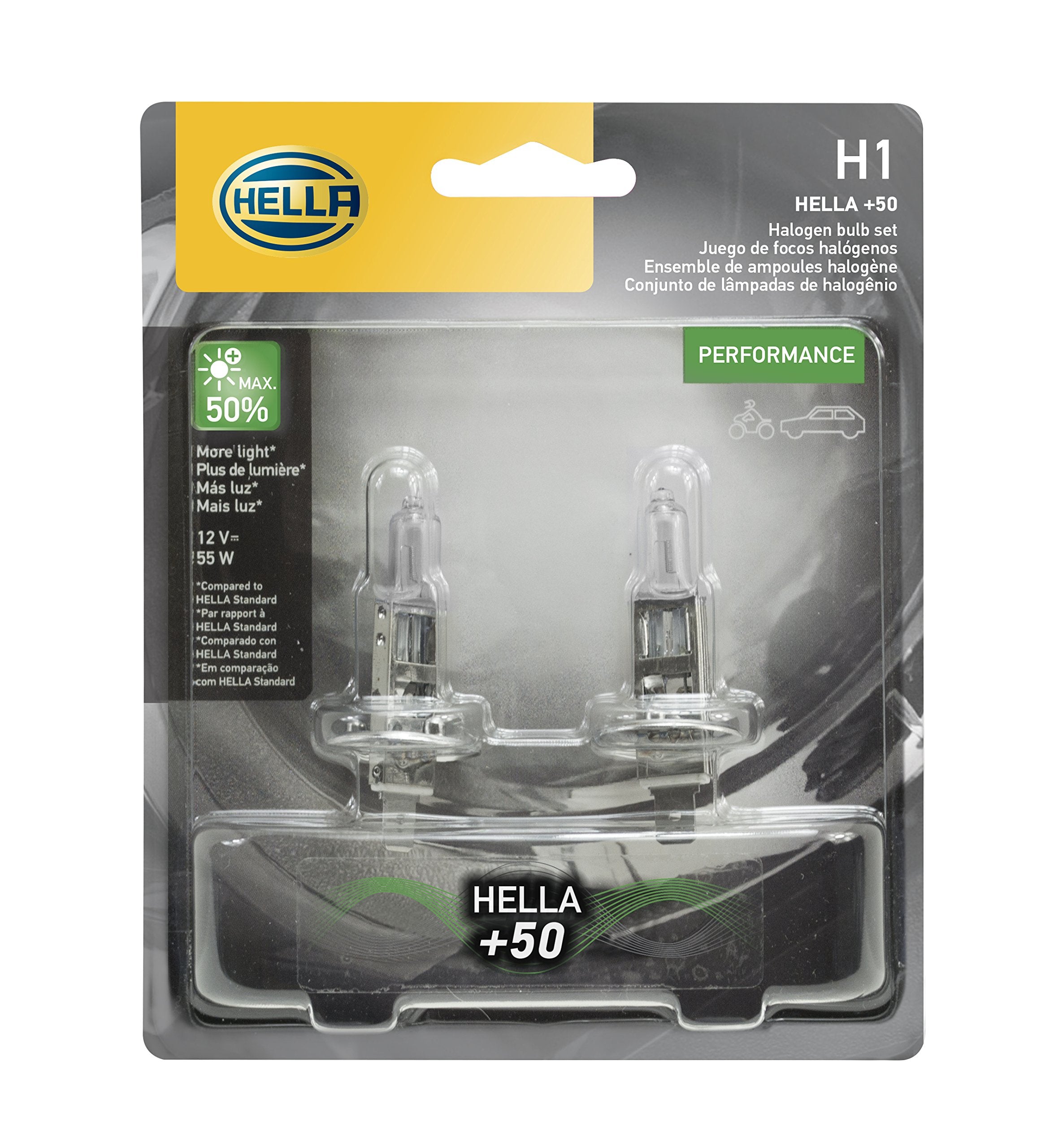 HELLA H1P50TB +50 Performance Bulb, 12V, 55W, 2 Pack