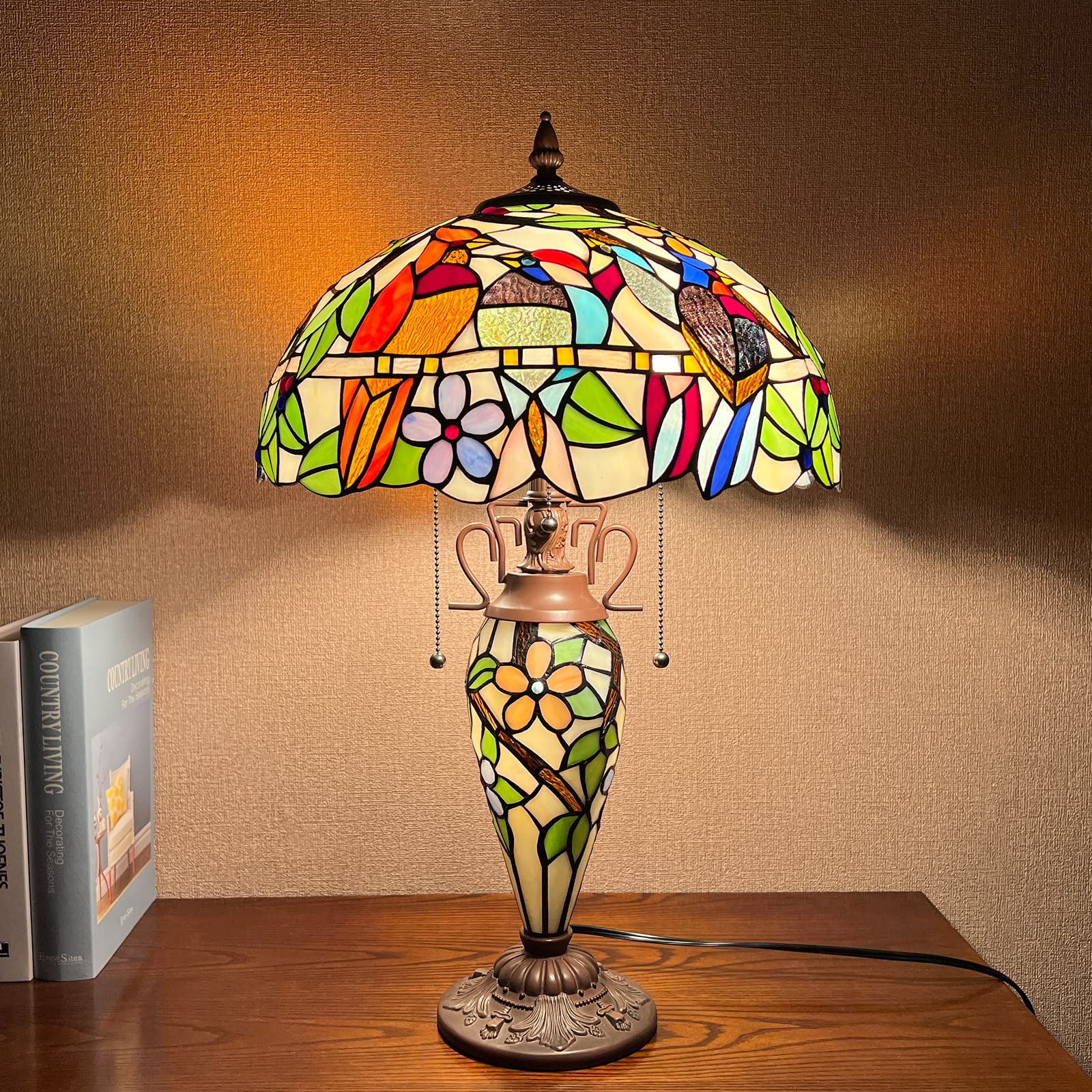 Capulina Tiffany Table Lamp - Stained Glass Cardinal Birds - 16x16x24 Inches - Mother-Daughter Vase Style for Home and Office Decor