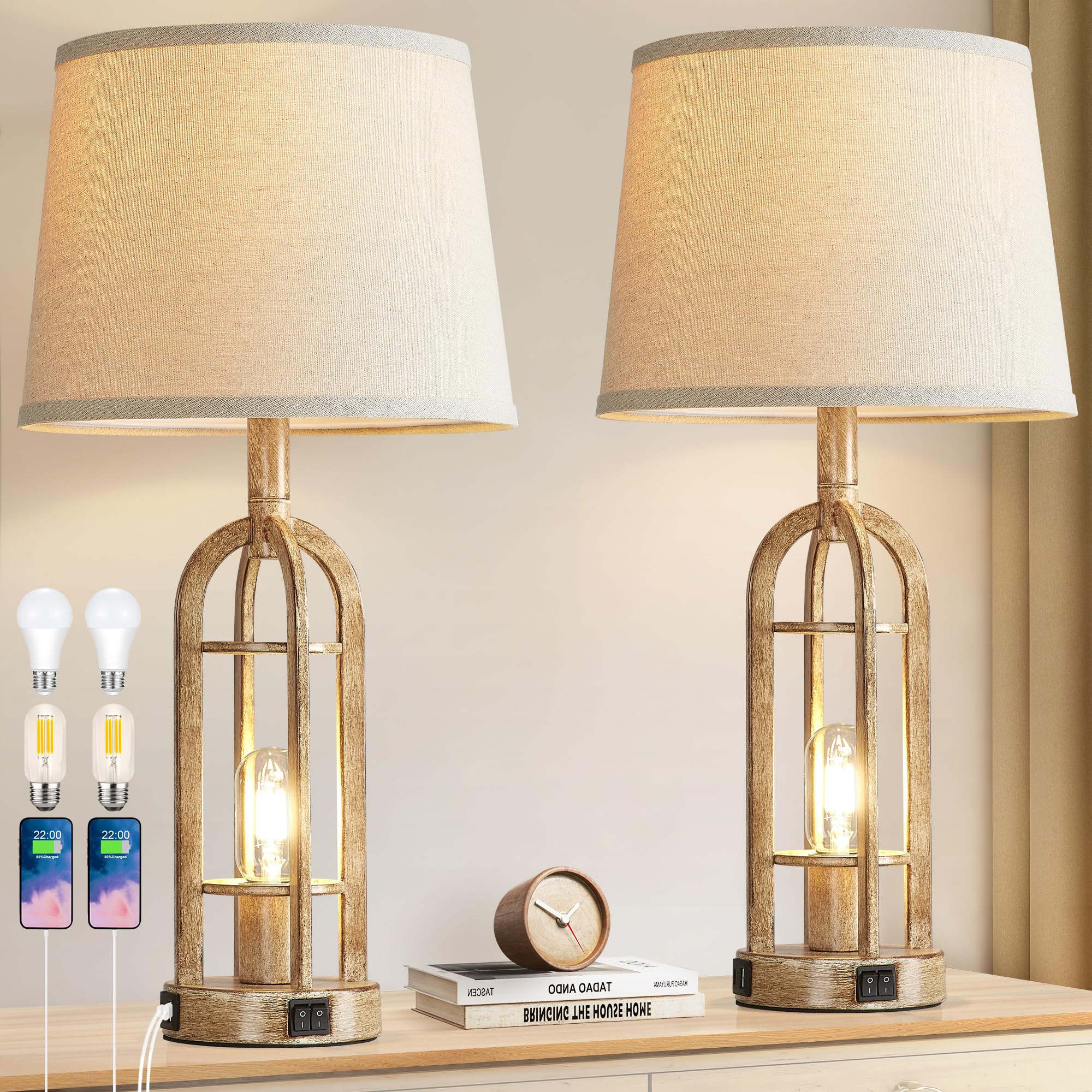 SRJJA Table Lamps for Living Room End Table Set of 2 - Rustic Farmhouse Bedside Lamps for Bedroom Nightstand with Nightlight and