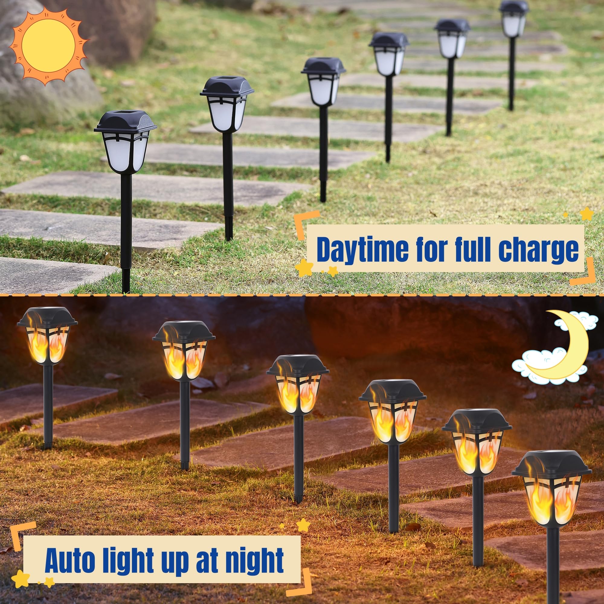 Dynaming Solar Flame Torch Lights Outdoor, 9 Pack Flickering Flame Pathway Solar Lights, Auto On/Off Garden Decorative Lights, Waterproof Landscape Lighting For Lawn Patio Yard Walkway Deck Driveway