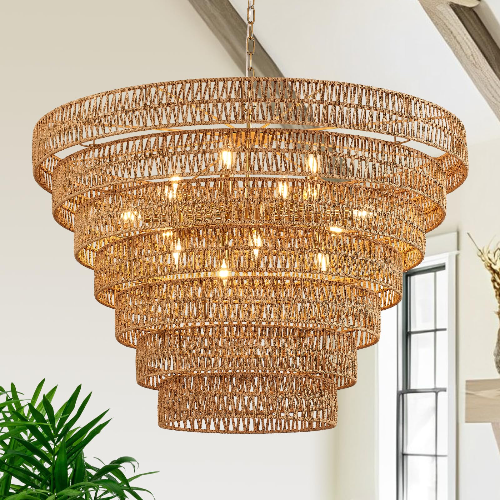 Widluth Hand-Woven Rattan Chandelier Vintage Farmhouse 15-Lights Boho Bamboo Large Chandeliers Light Fixture 7-Tier Drum Wicker Chandelier for Dining Room  Living Room  Kitchen  E12