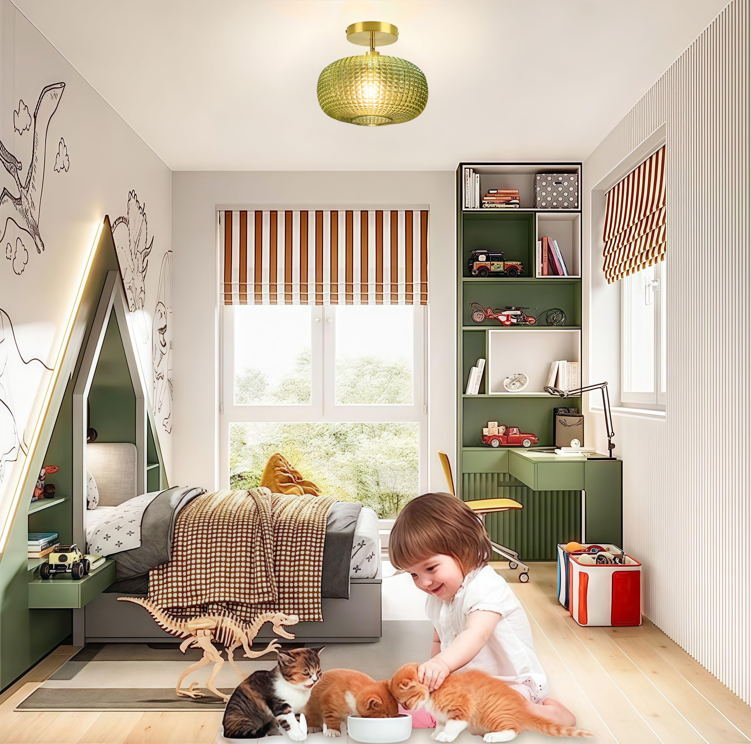 Semi Flush Mount Ceiling Light Fixture Hallway Light Fixtures Vintage Globe Glass Ceiling Fixture With Green Shade Kitchen Ceiling Light Fixture Farmhouse Ceiling Lighting For Bathroom Entryway Porch