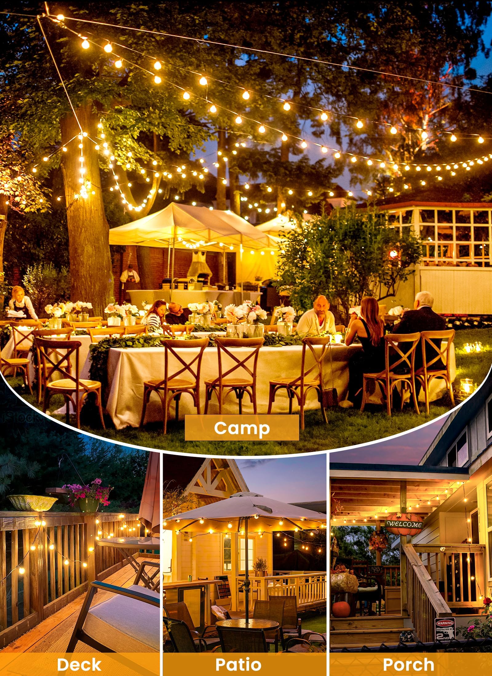 Brightown LED Outdoor String Light, 100ft Black, 52 Shatterproof Edison Bulbs, UL Listed Waterproof, Model GYC-O1005BU