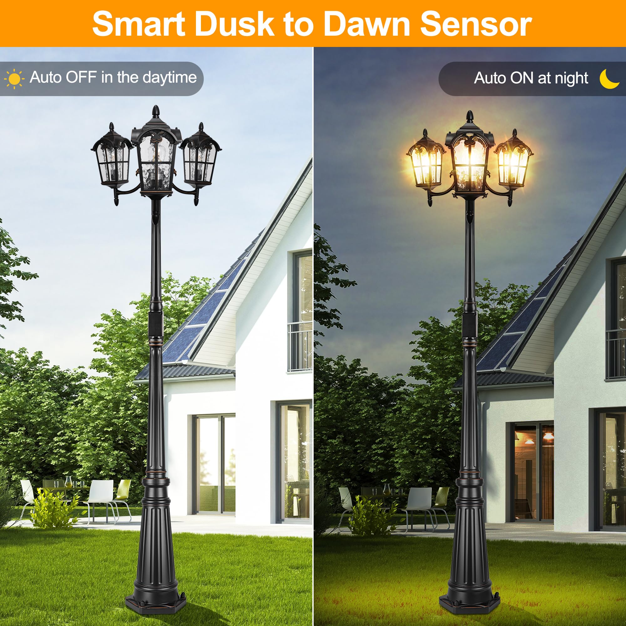 PARTPHONER Black Aluminum Outdoor Lamp Post with GFCI Outlet, Triple Head, Waterproof for Garden, Model PAPO078AB1