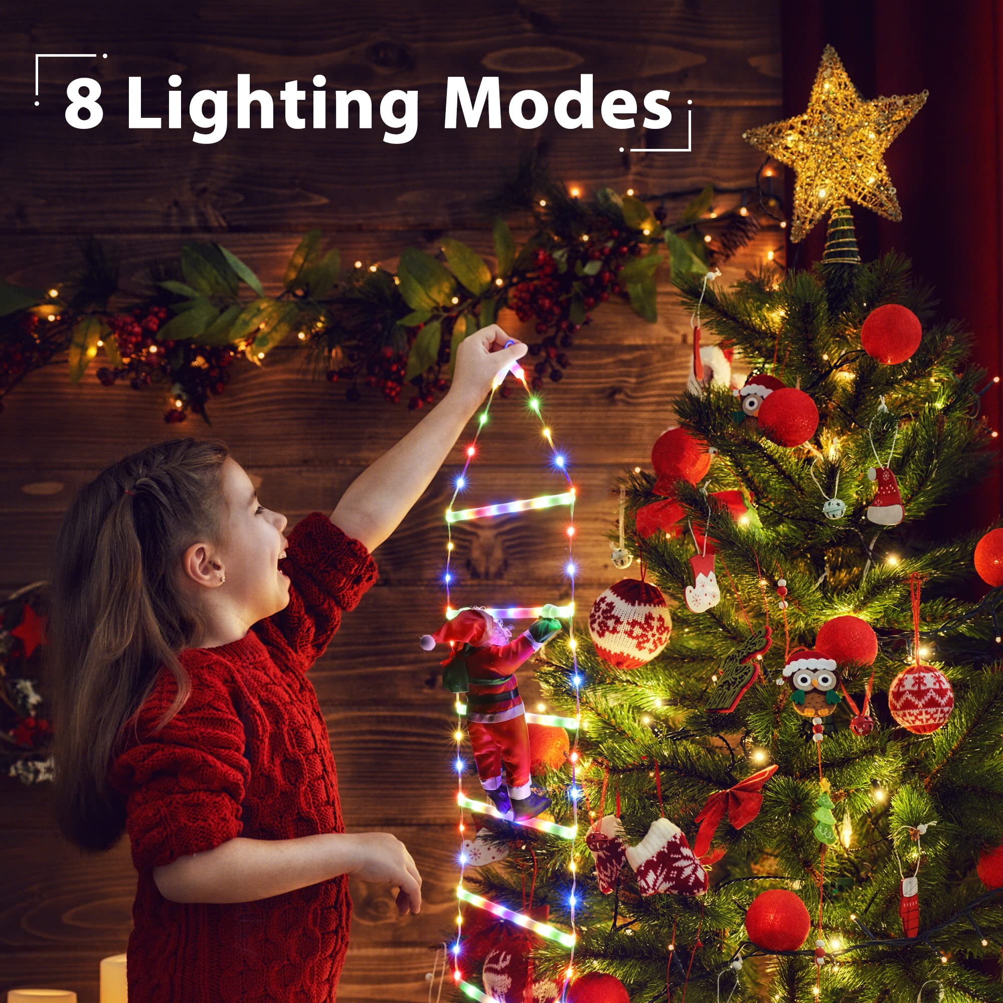 Joedoes Christmas Decorations Led Ladder Lights With Climbing Santa Claus, 2.5Ft Indoor Christmas Decorative Lights - 8 Modes Xmas Lights Tree For Home Holiday Wall Window Xmas Decor (Multicolor)