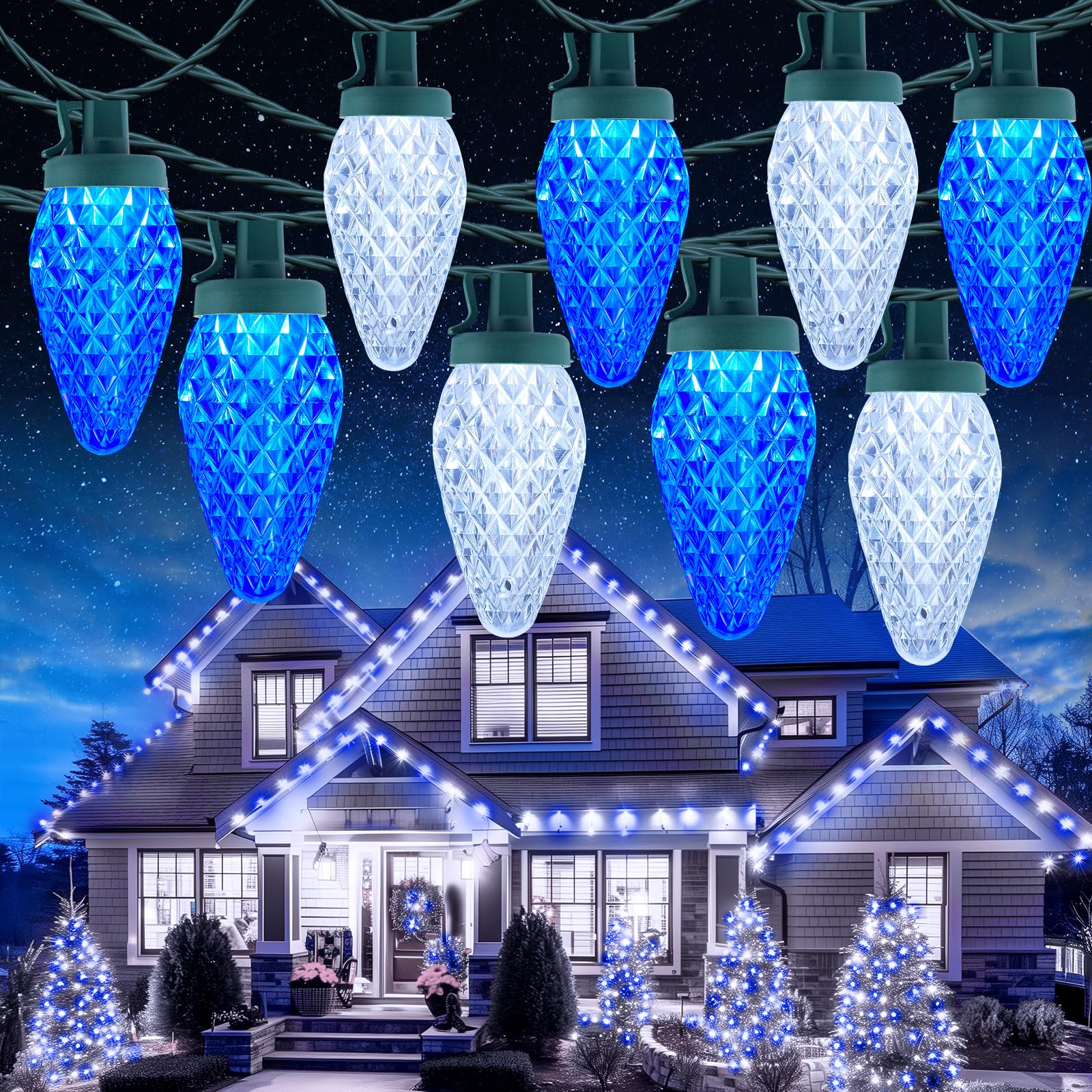 Brightown C9 Christmas Lights, 150 LED, 114 Ft, Waterproof, Timer, 8 Modes, Blue & Pure White, Model GY-C9-X-33-3B