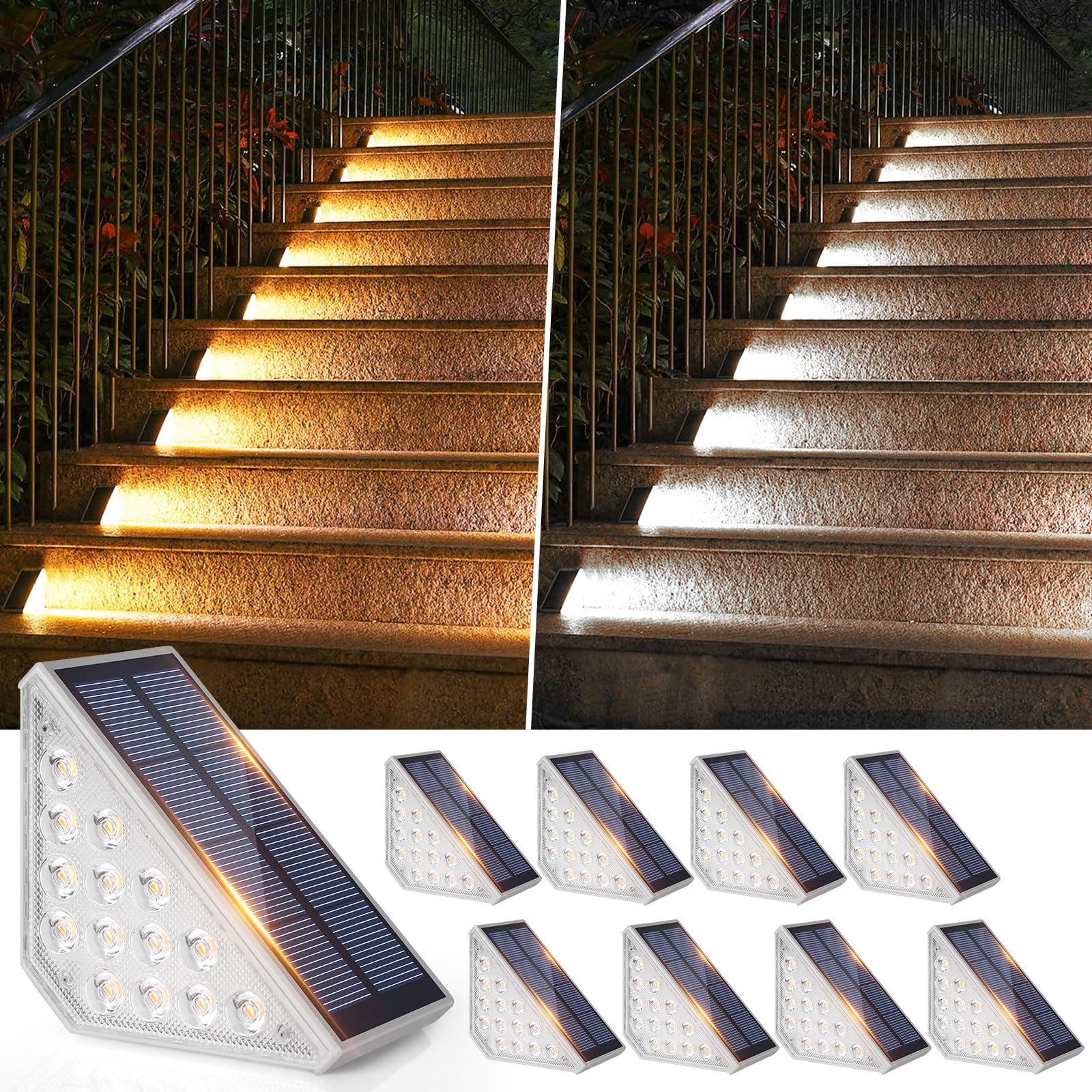 Solar Step Lights 8-Pack, Upgraded 2 in 1 LED Solar Stair Lights Waterproof, Outdoor Deck Lights with 2 Colors, Solar Lights for