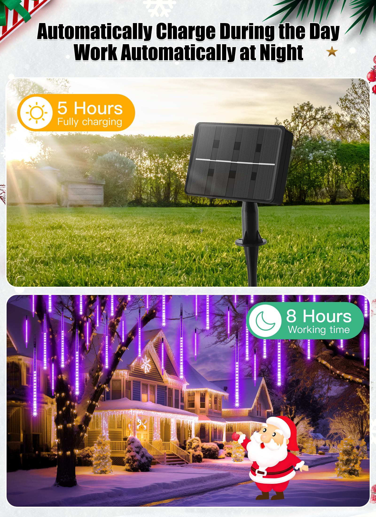 Minetom Solar Meteor Shower Lights 20 Tubes 720 LED 16 Inch Outdoor Waterproof Purple Christmas Decoration