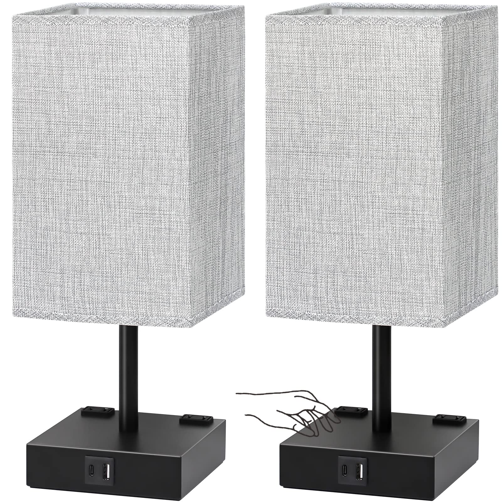 Soilsiu Touch Control Table Lamps Set of 2, Grey Fabric Shade, 3-Way Dimmable, USB C+A Charging Ports, Model TD-016S