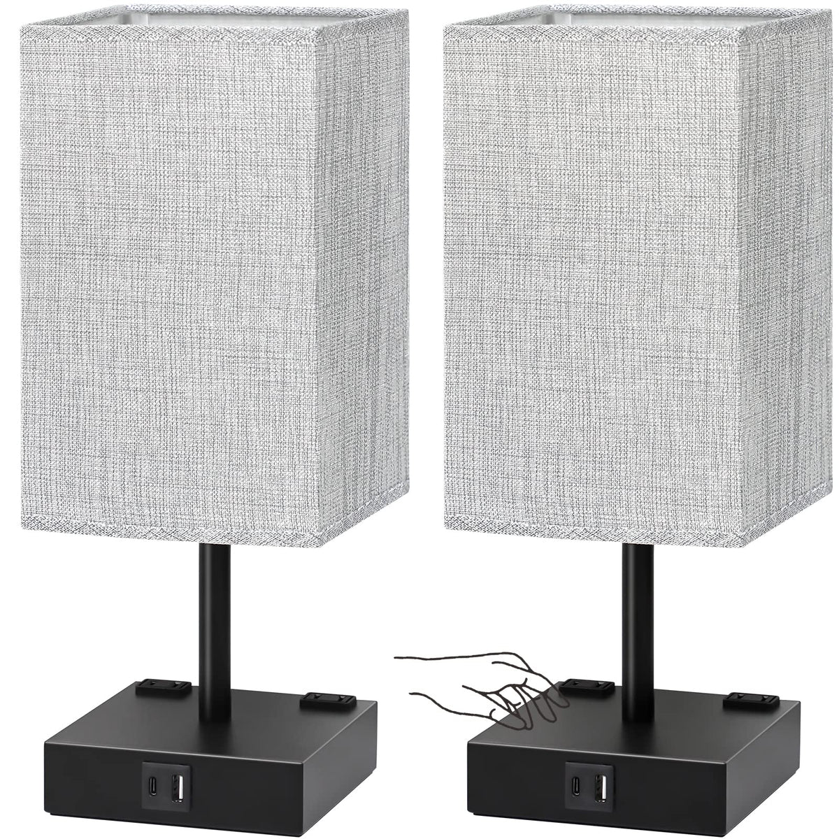 Touch Control Table Lamps Set Of 2 - Nightstand With Usb C+A Charging Ports & Ac Outlets, 3-Way Dimmable Bedside Grey Fabric Sha
