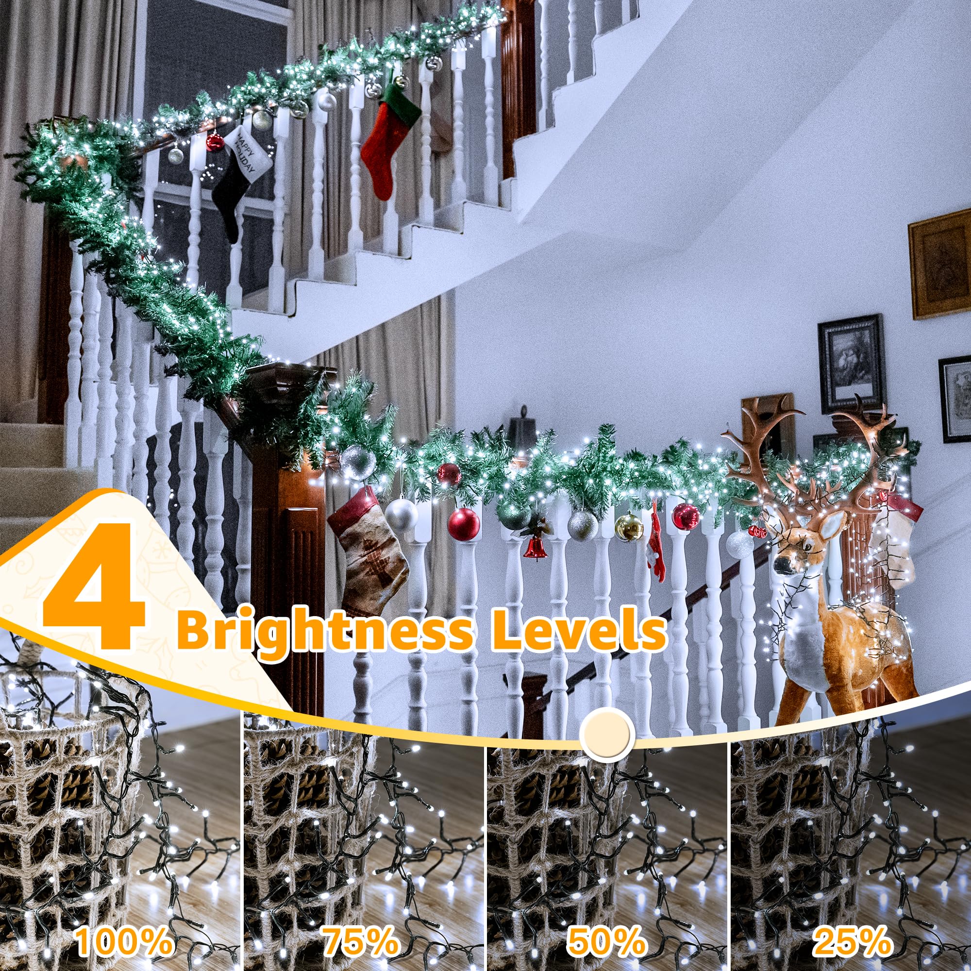 Ollny Cluster Lights Christmas 1000Led 49Ft, Cool White Christmas Tree Lights 8 Modes Timer Remote, Waterproof String Lights For