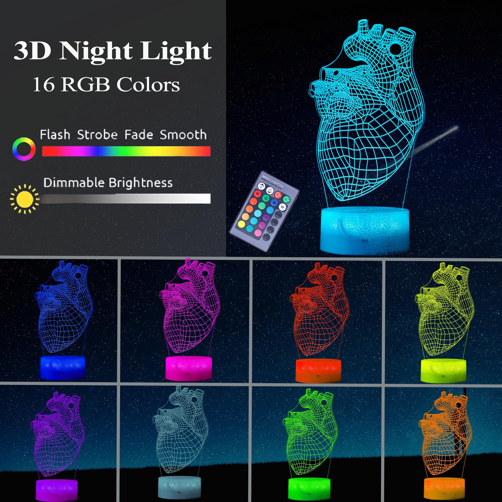Posshe Heart Anatomy Illusion Lamp, Cardiology Gifts, 3D Night Light, 16 Colors Changing, Remote Control, Dimmable, Kids Room De