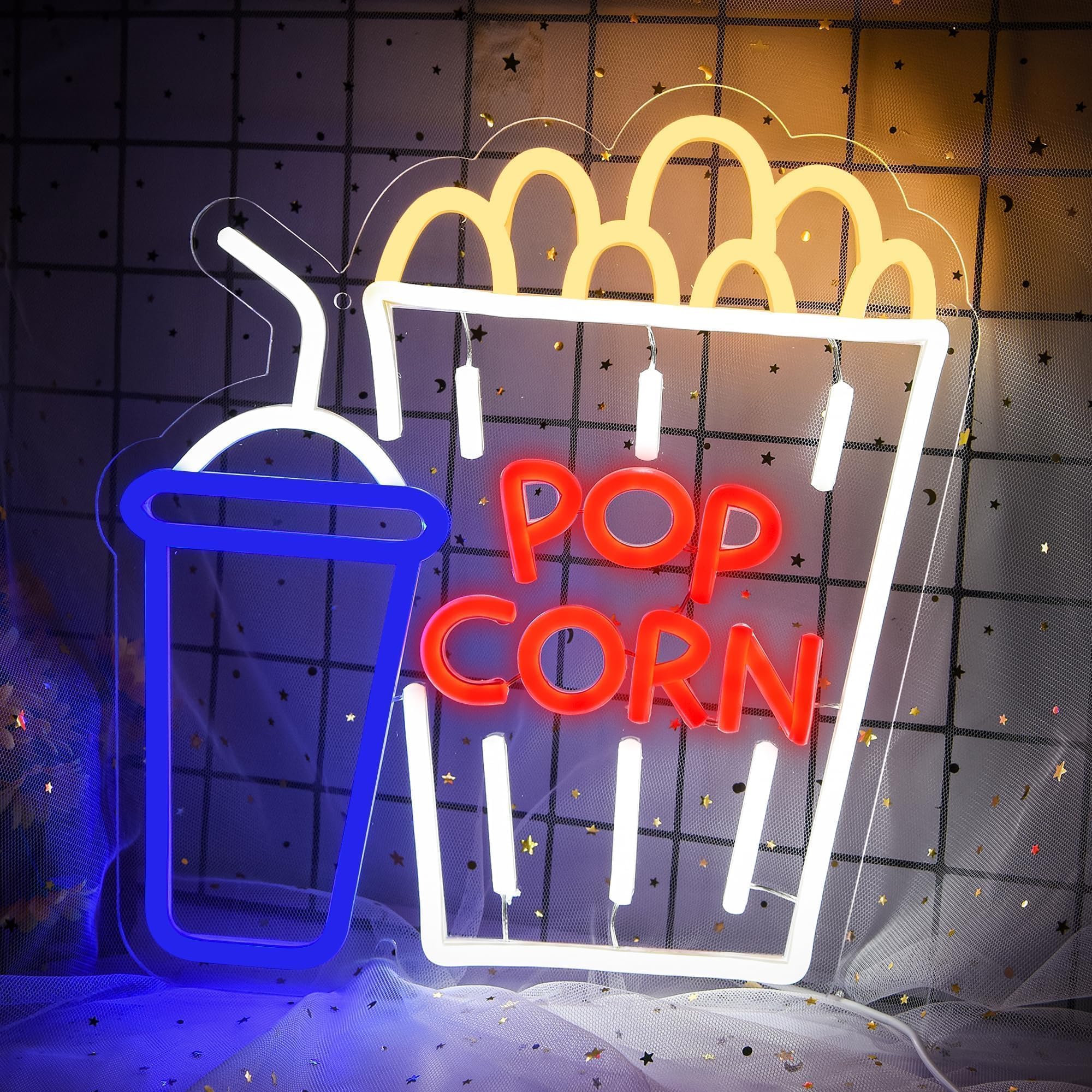 attneon Popcorn Neon Sign for Wall Decor, LED Light, 16.1x0.9in, Acrylic, Yellow/Blue/Red/White, Model JTLD080
