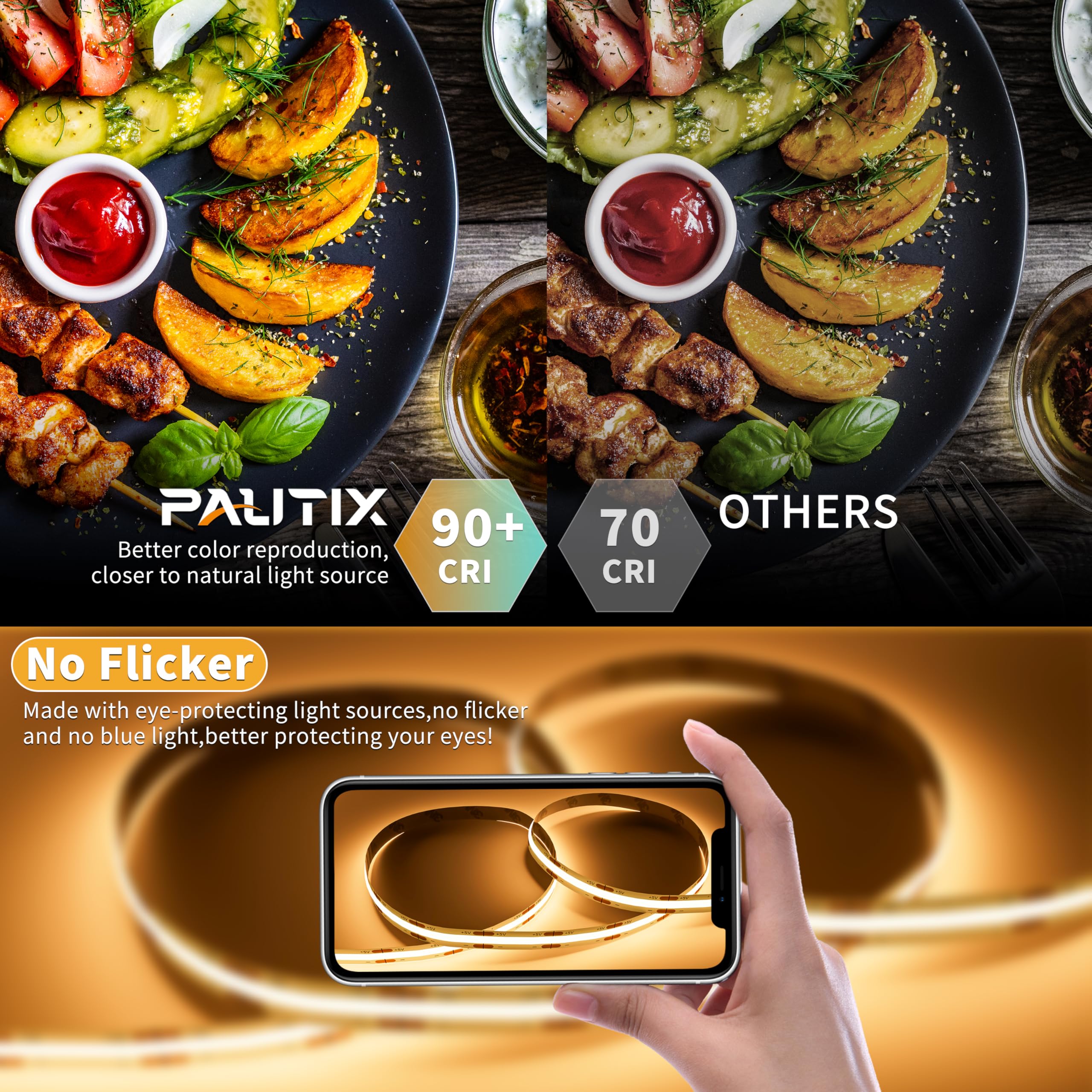 Pautix 5V Usb Cob Led Strip Light 6.56Ft/2M 1200Lm, Dimmable 640Leds 2700K Warm White Cri90+ With Rf Remote Tv Backlight,Flexibl