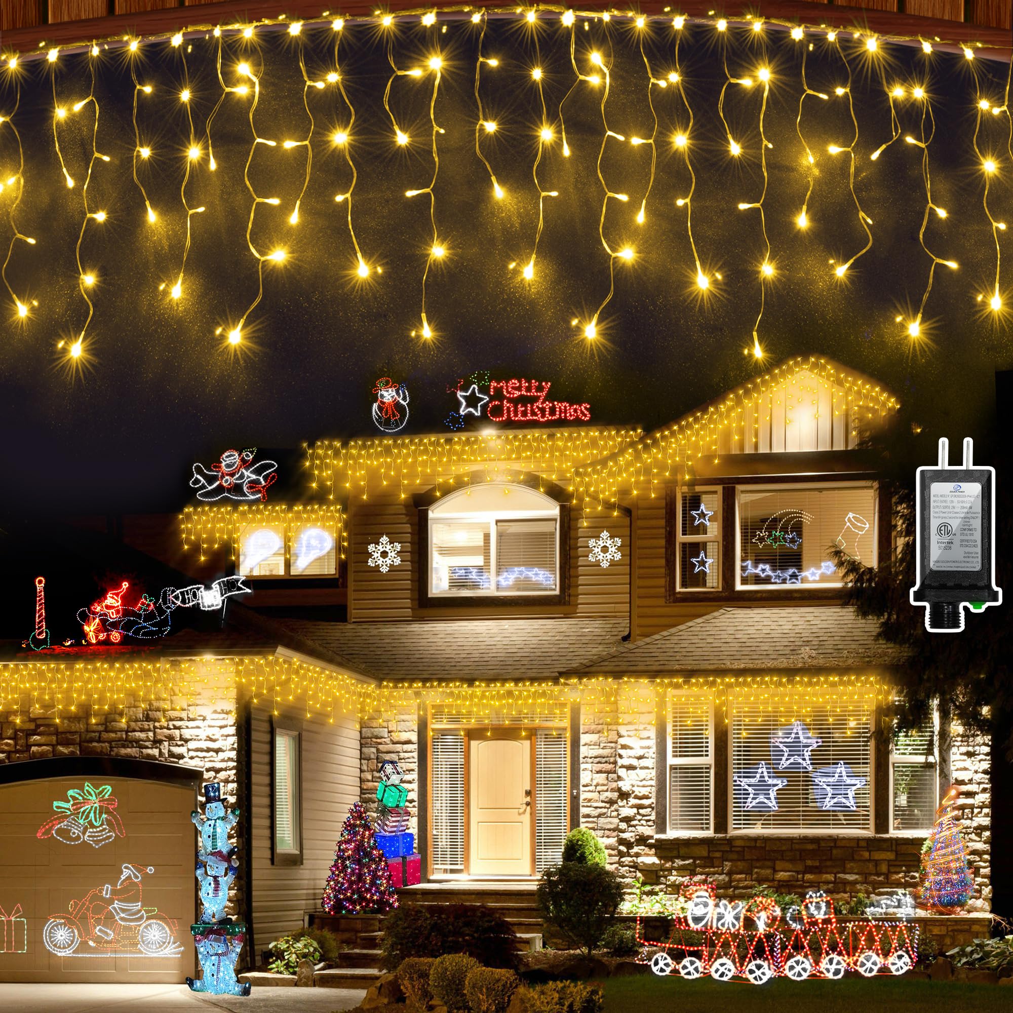XIKENGSHQ 1296 LED Outdoor Christmas Lights, 131FT, 288 Drops, Warm White, IP44 Waterproof, 8 Modes, Model WX-1296L