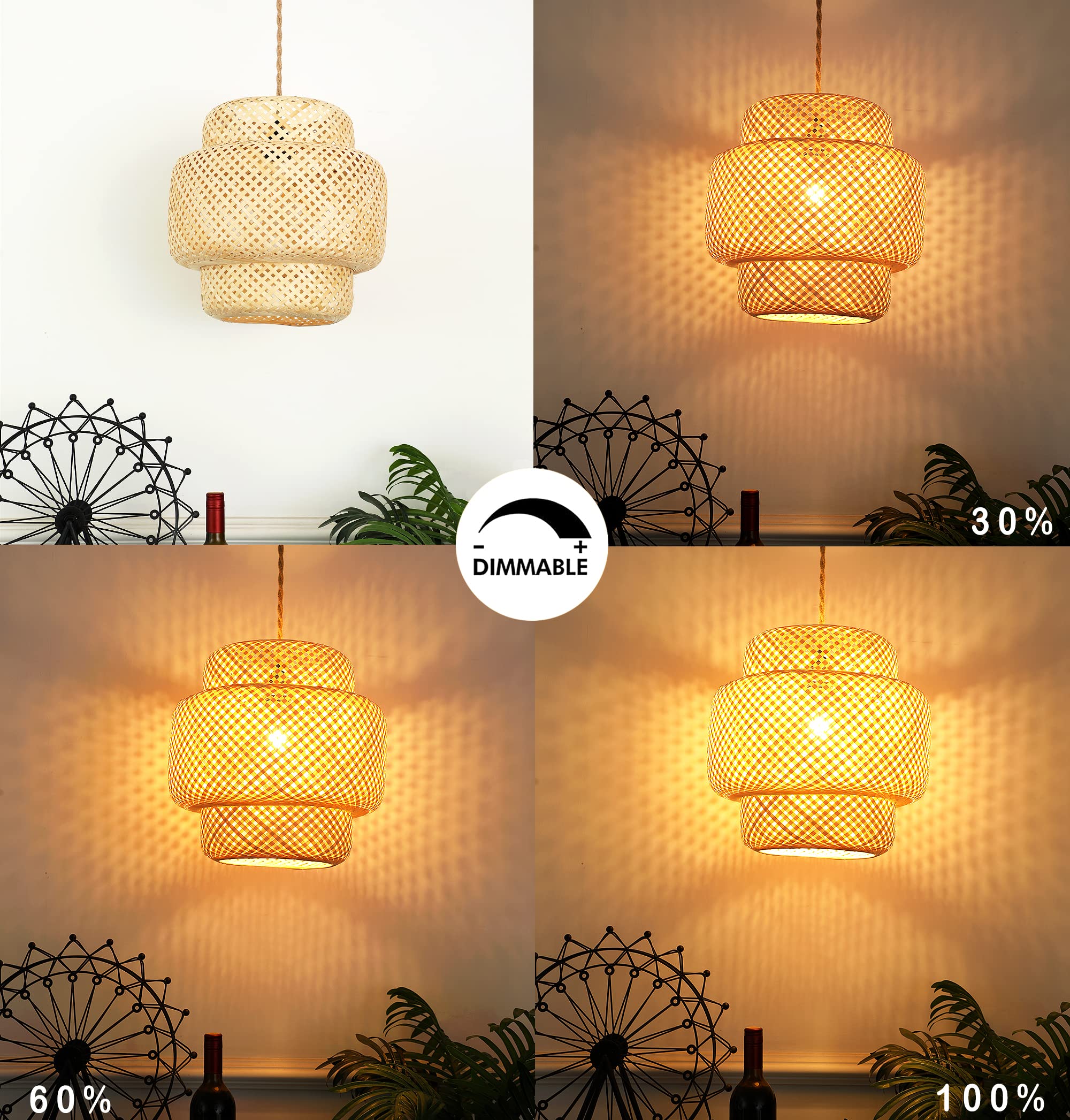 QIYIZM Plug in Pendant Light Bamboo Woven Shade Dimmable Hanging Lamp for Living Room Bedroom Kitchen, Size: Pendant Light-2