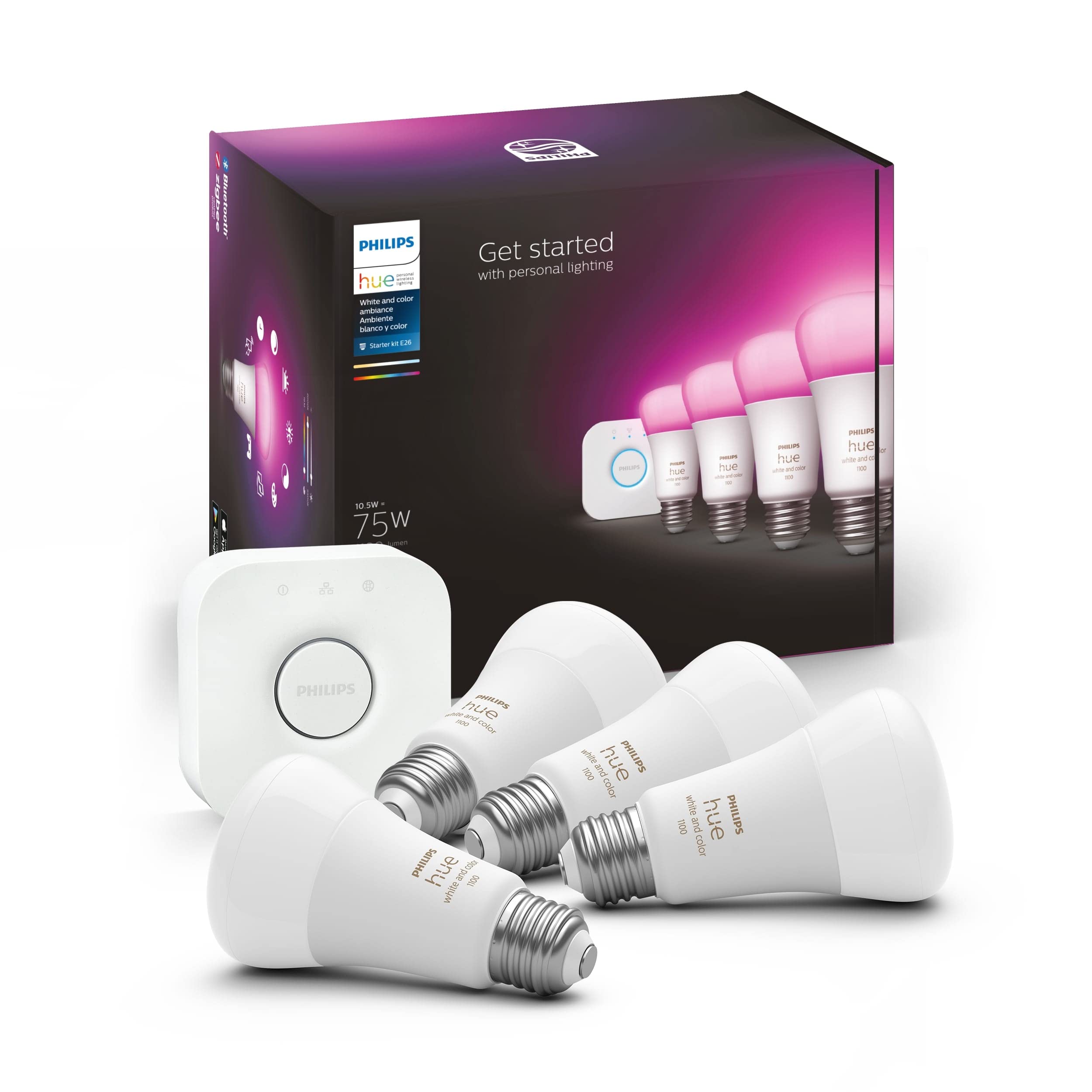 Philips Hue Smart Light Starter Kit - 4 LED Bulbs & Bridge - White & Color Ambiance - Compatible with Alexa, Google Assistant, Apple HomeKit