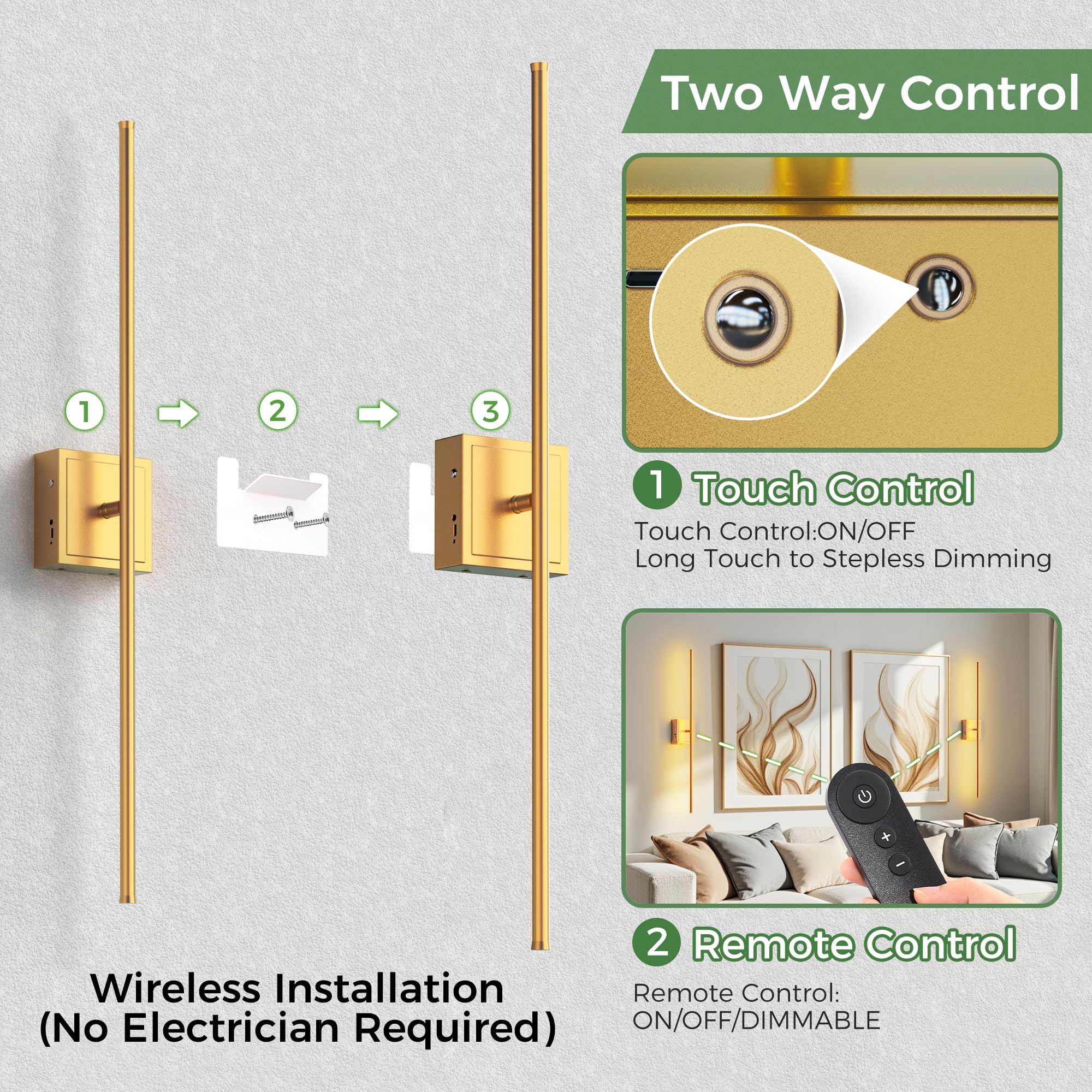 DORESshop Battery Operated Wall Sconces Set of 2, Dimmable, Gold, 31.6 Inch, Remote Control, Model SF20250921B0DNZJ2