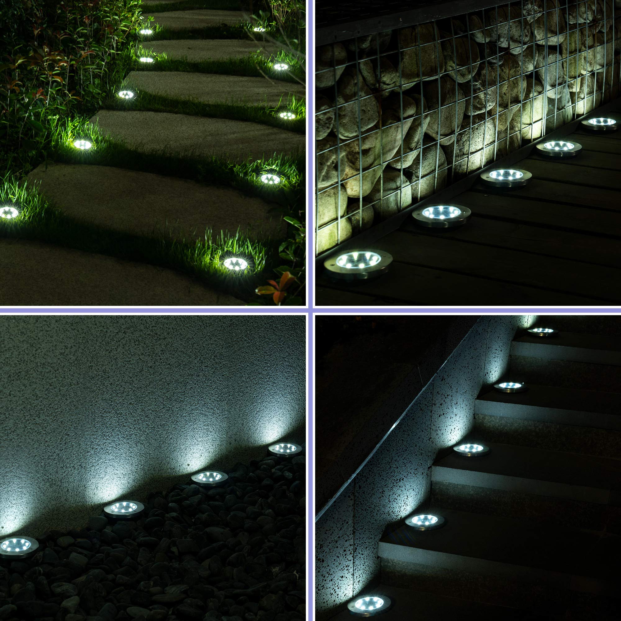 SOLPEX 12 Pack Solar Ground Lights - Waterproof 8 LED Disk Lights for Garden, Lawn, Patio, Walkway - White - Model 8627