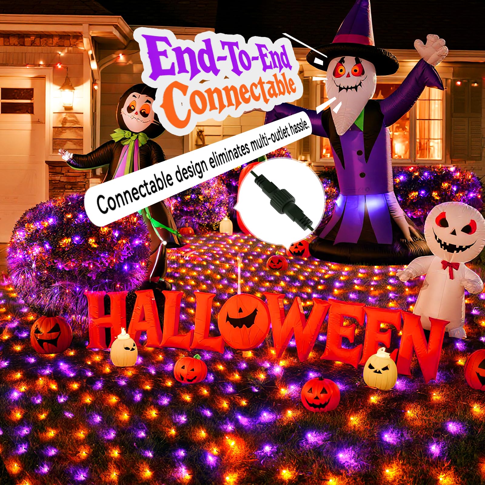 Lithome 14.8Ft X 5Ft Halloween Net Lights  300 Led Purple Orange Bush Lights With 8 Modes  Connectable Waterproof Net Mesh Light Dark Green Wire For Bushes Shrubs Trees Outdoor Holiday Decor