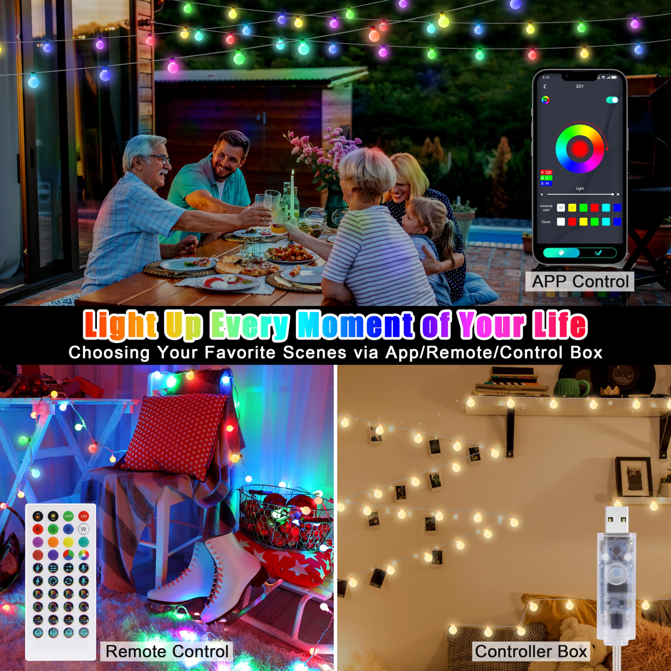 OMIKA Smart Color Changing String Lights, 29.5ft, 60LED, USB Powered, APP Remote, Music Sync, Globe Fairy Lights for Indoor/Outdoor Decor
