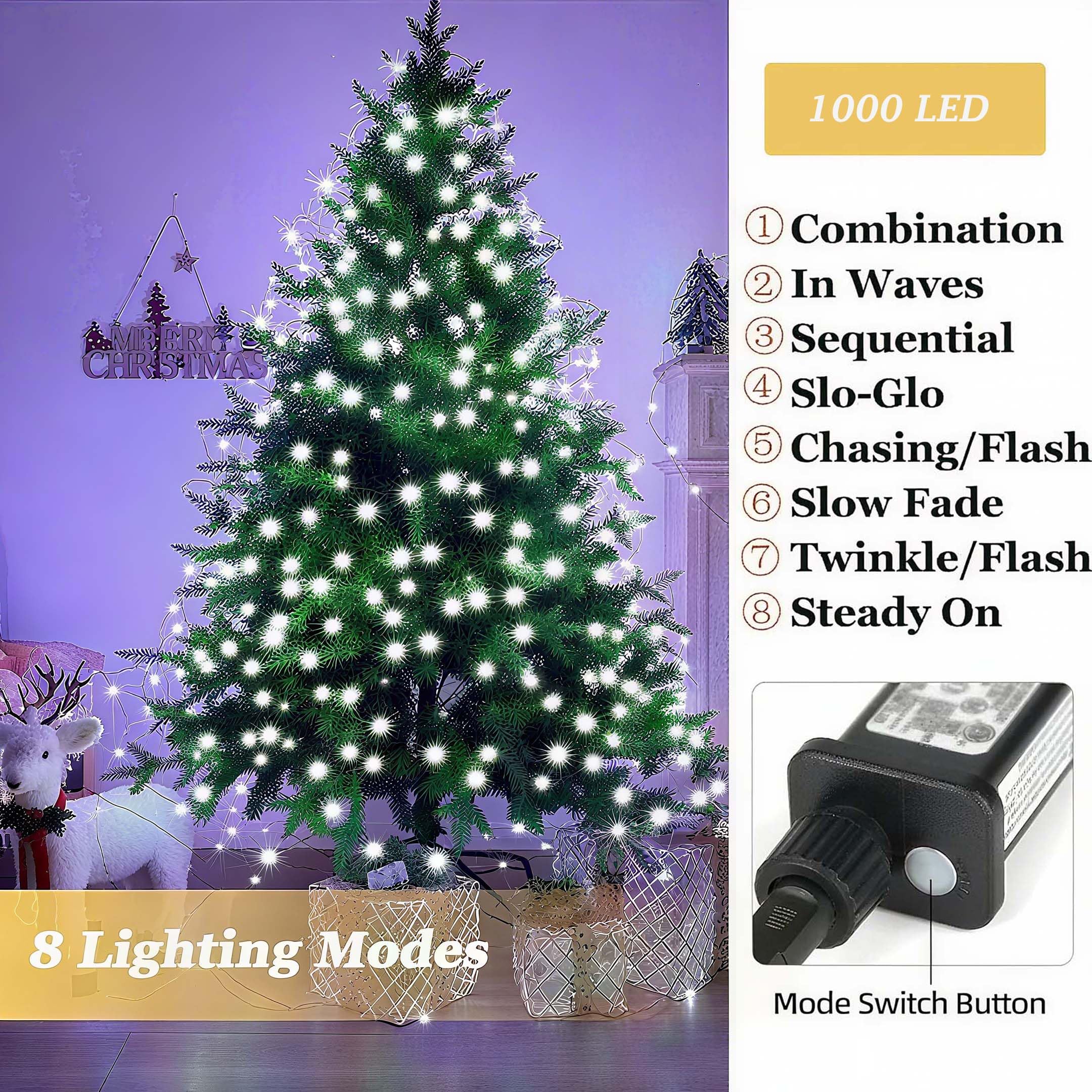 Tcamp 306FT 1000 LED White Christmas Lights, 8 Modes, Green Wire, Model QL300AE