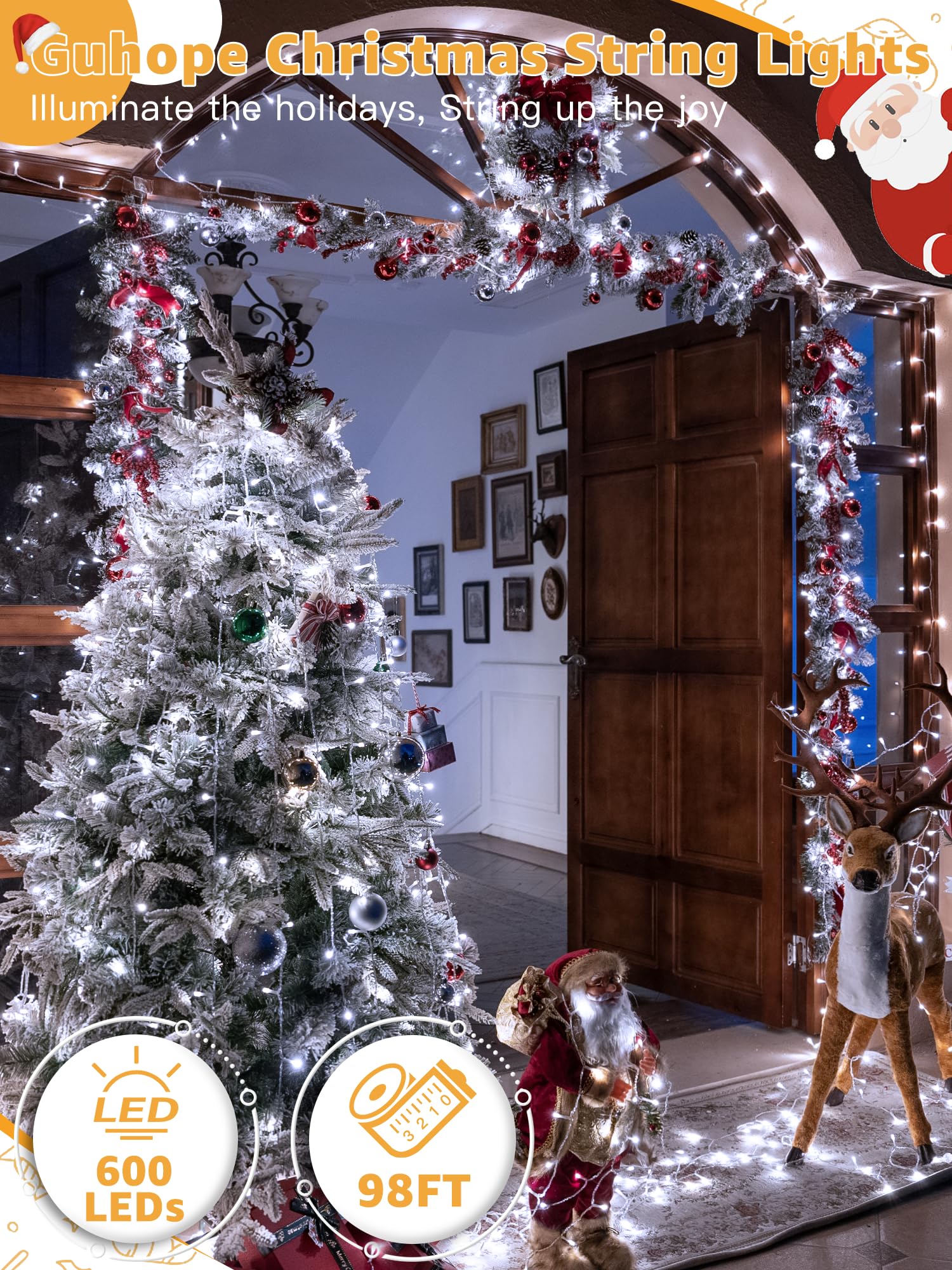 Guhope Christmas Lights 600Led 98Ft, Waterproof Outdoor String Lights With Remote And Timer, 8 Modes Dimmable Fairy Lights For I