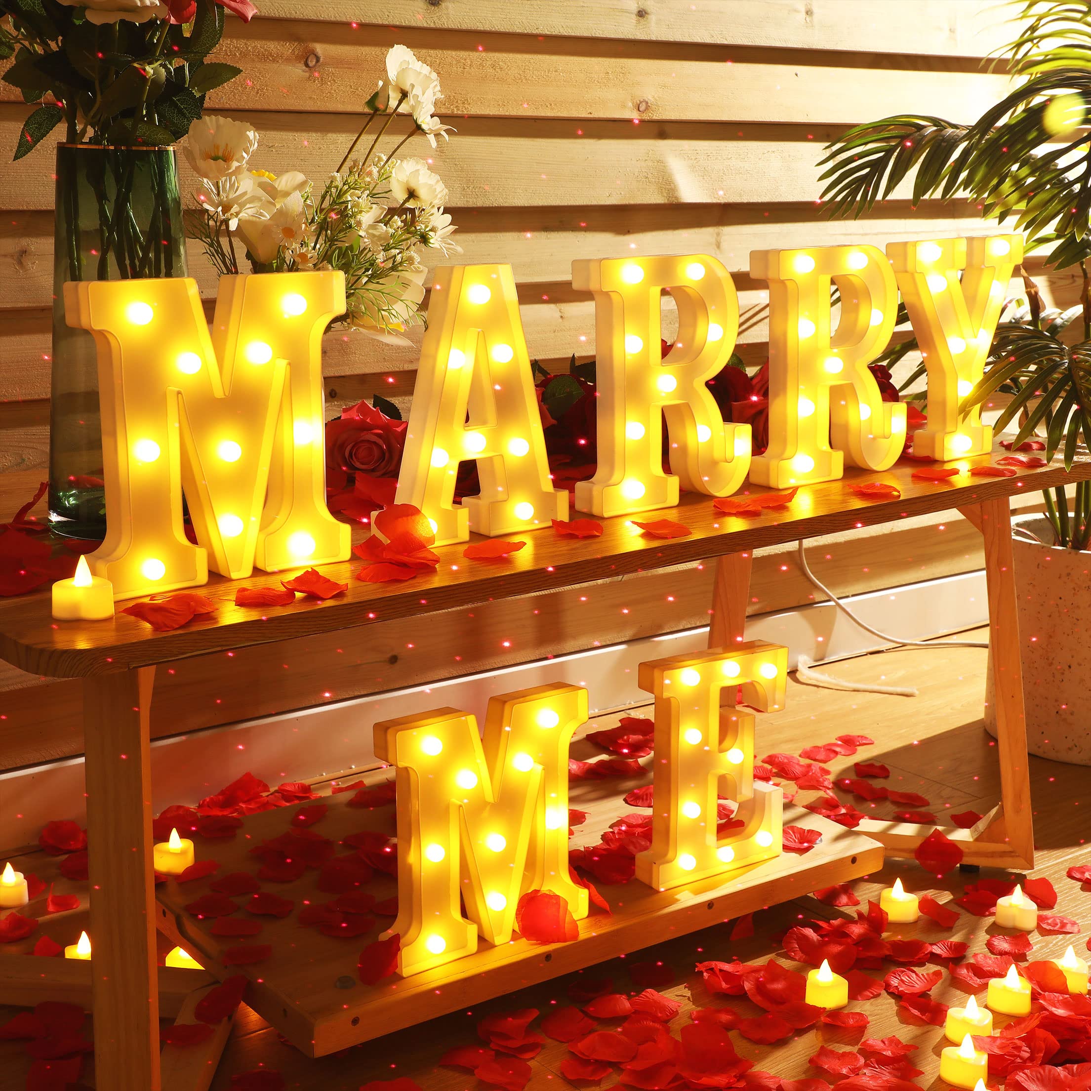 Fumete Letter Lights Night Light with 4000 Rose Petals & 72 Candles, USB Powered, Red, Model Fumete-Night Light-06