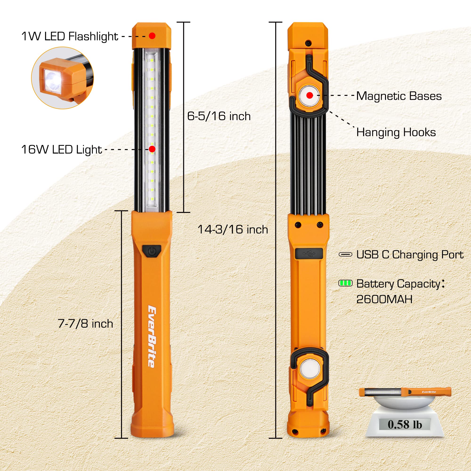 EverBrite 1000LM Rechargeable Work Light - Dual Magnetic Bases, 4 Modes, Orange, Pack of 2