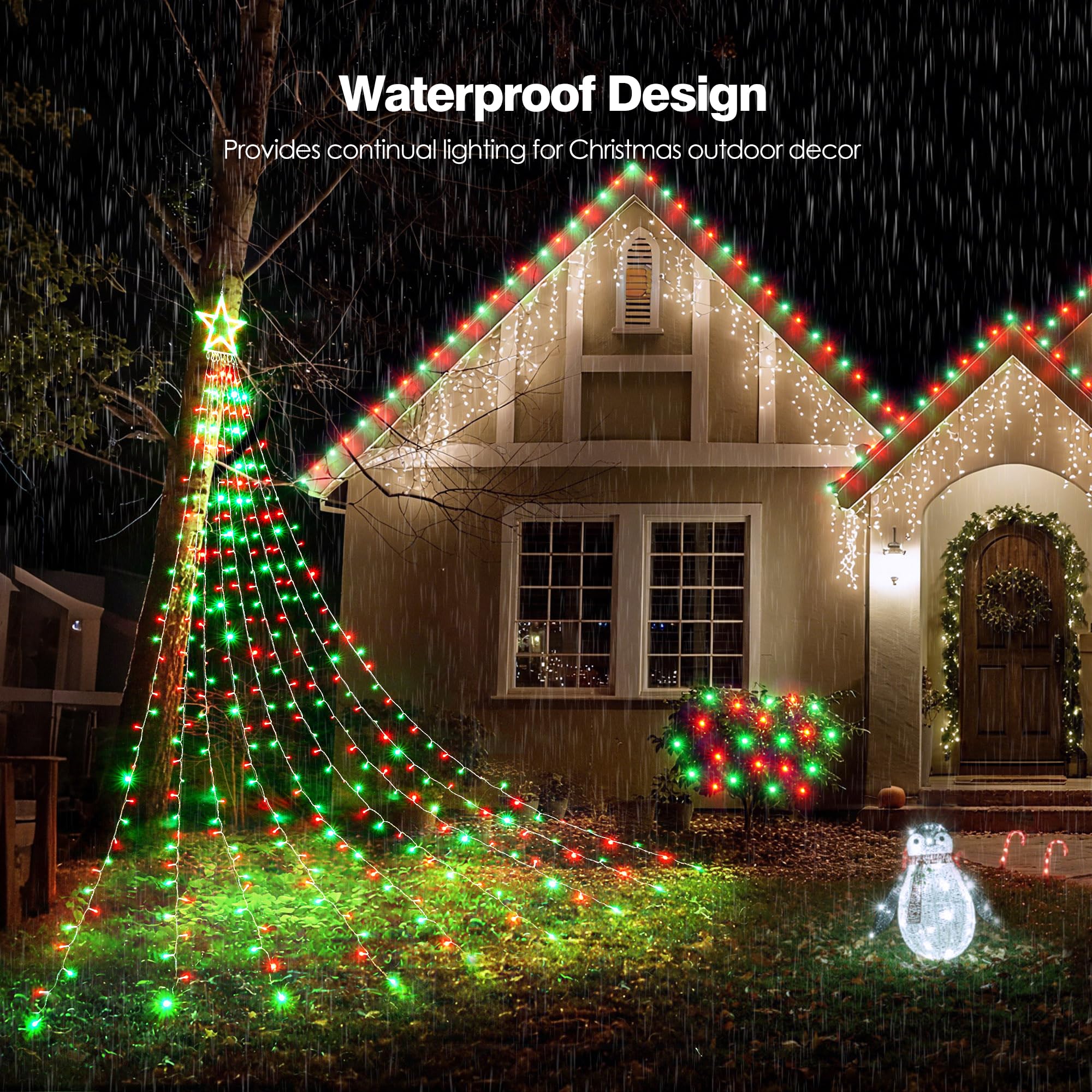 Blctec Outdoor Christmas Decorations 317 Leds Christmas Lights With 9 Strands 11.9Ft Waterfall Christmas Tree Lights  8 Modes  Waterproof  Topper Star & Timer For Yard Patio Xmas D?Or  Red Green