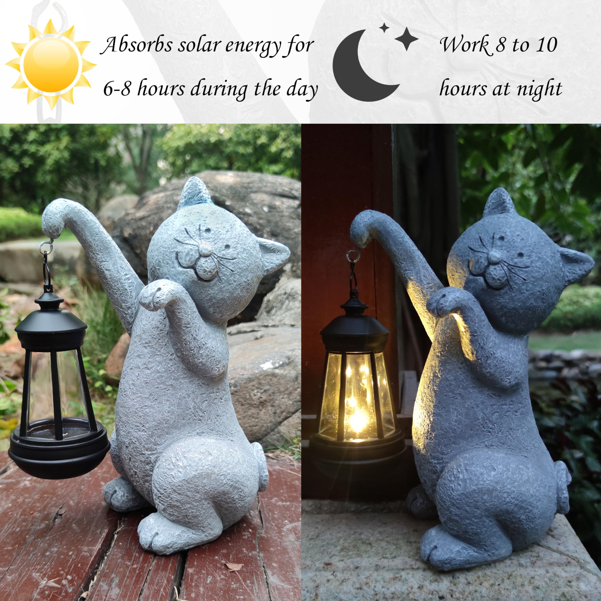 Qobumy Cat Solar Garden Statue, Resin Cat Figurine Decoration With Solar Lights Lantern, Outdoor Lawn Garden Statue Decor Art Fo
