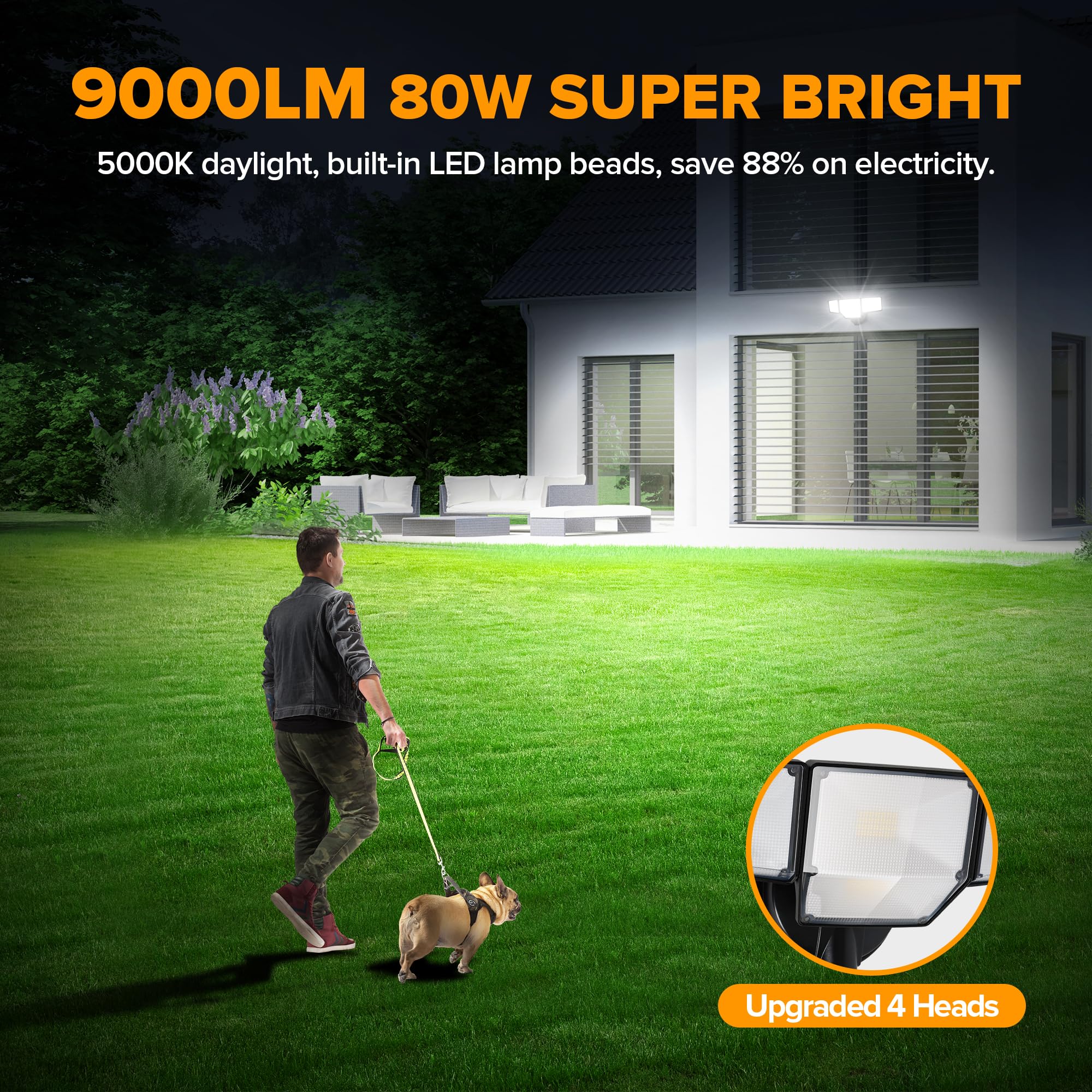 LUTEC 80W LED Flood Lights, 9000LM, 4 Heads, IP65 Waterproof, Black, Model 7632814012 for Outdoor Garage, Yard, and Patio Use