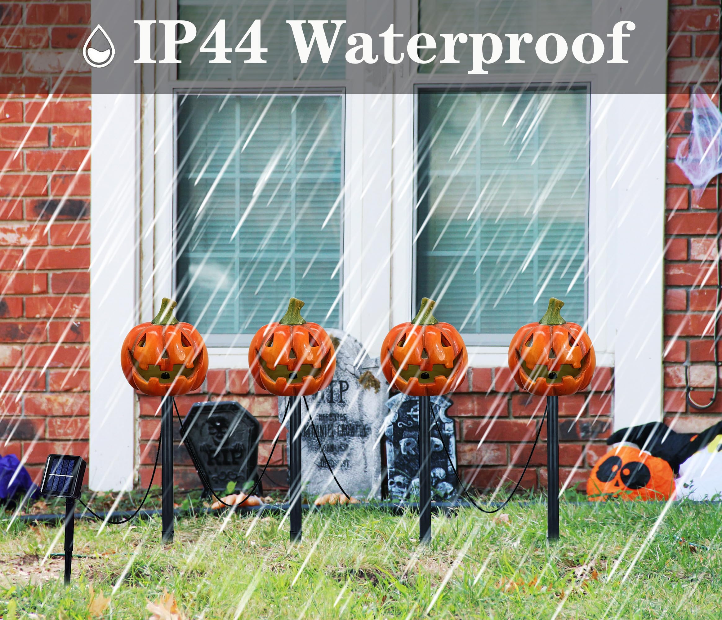 Night-Gring 4 Pack Halloween Pumpkin Pathway Solar Lights, Orange Yard Stake String Lights Halloween Outdoor Decorations, Waterproof Led Pumpkin Halloween Décor Walkway Lights