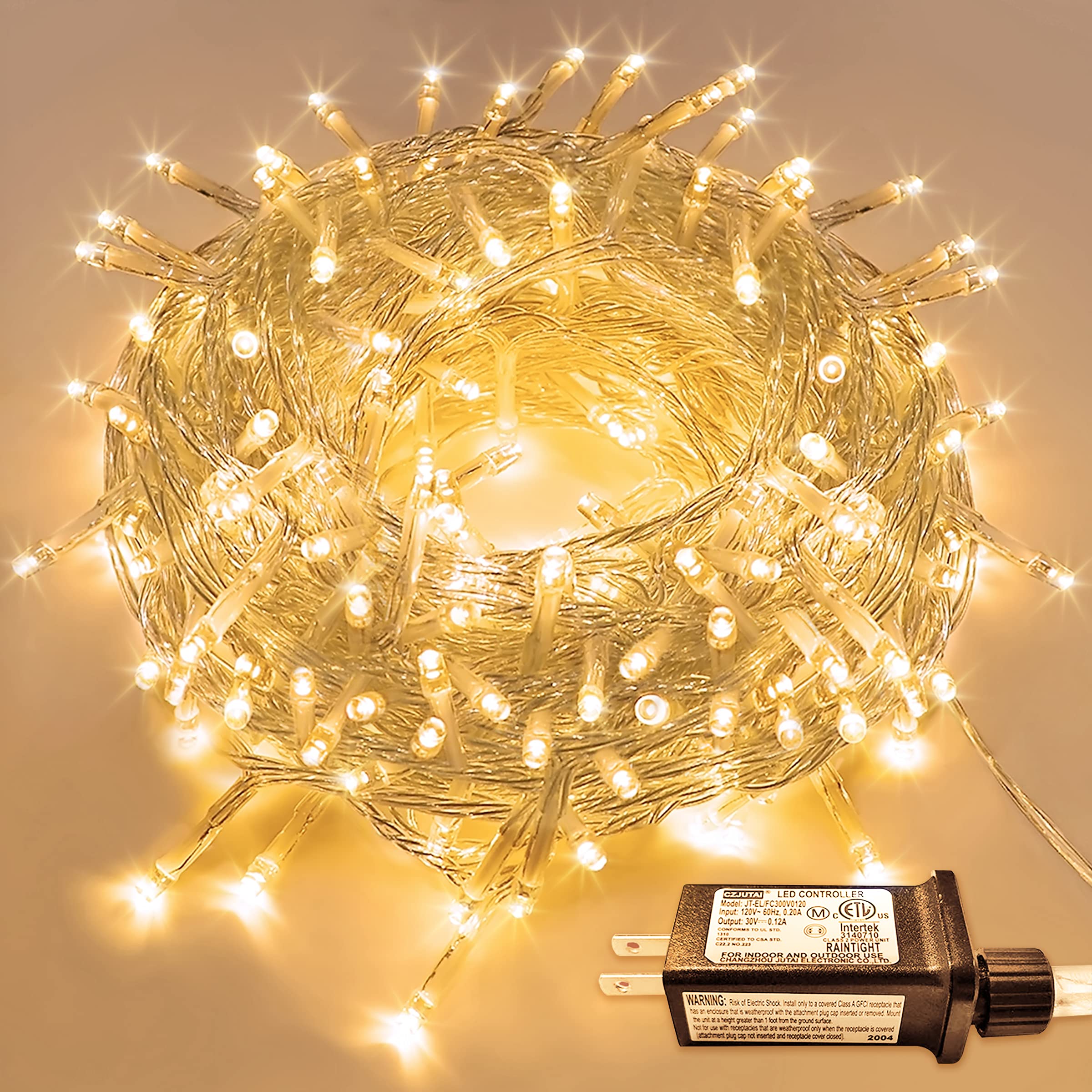 JMEXSUSS Christmas String Lights, 300 LED Warm White Waterproof, 8 Modes, Clear Wire, Model EXS-S-0300, Indoor Outdoor Decor