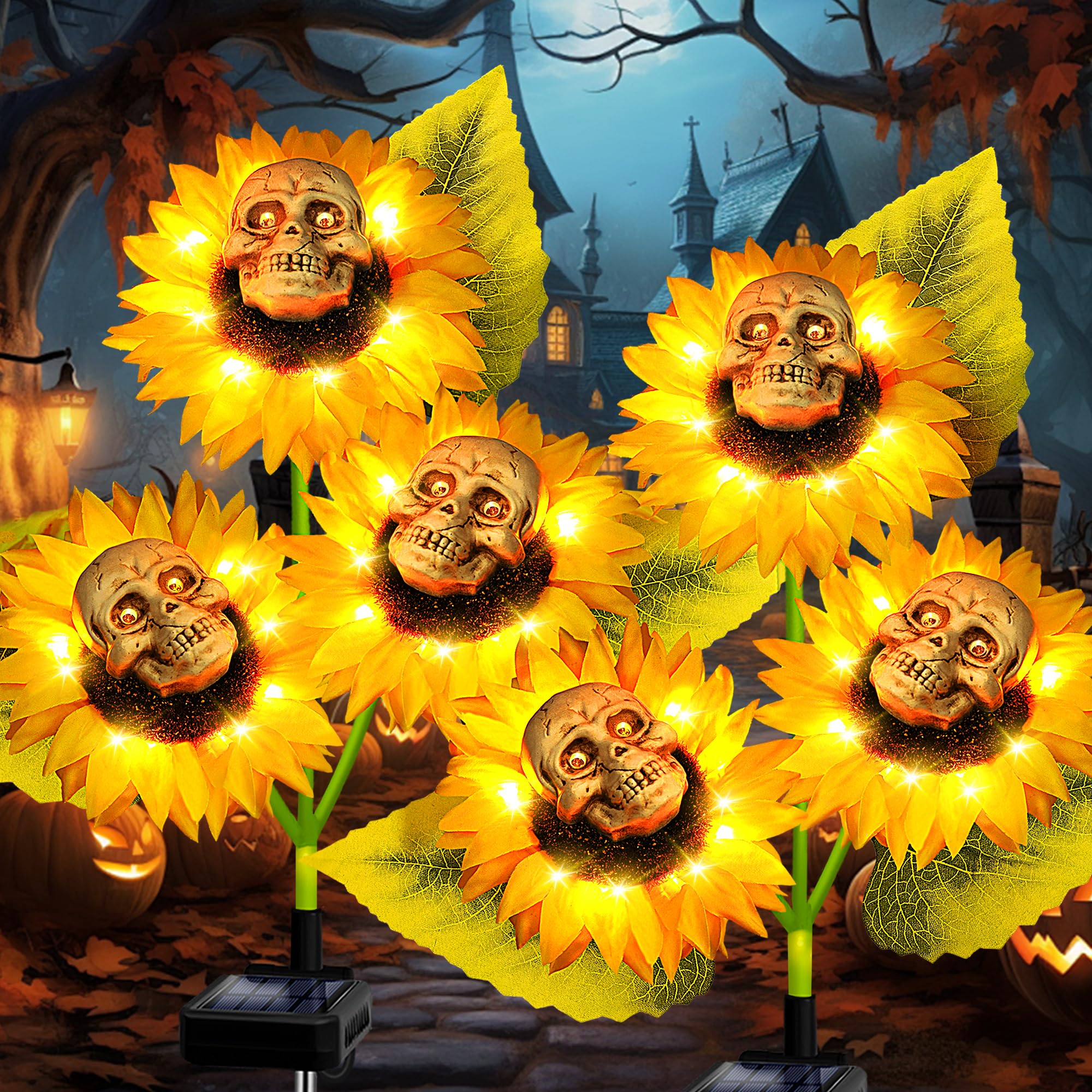 Halloween Decorations Outdoor, 2 Pack Solar Scary Skull Sunflowers Lights,Waterproof Solar Flowers Lights Solar Garden Lights For Halloween Yard Patio Lawn Party Decor
